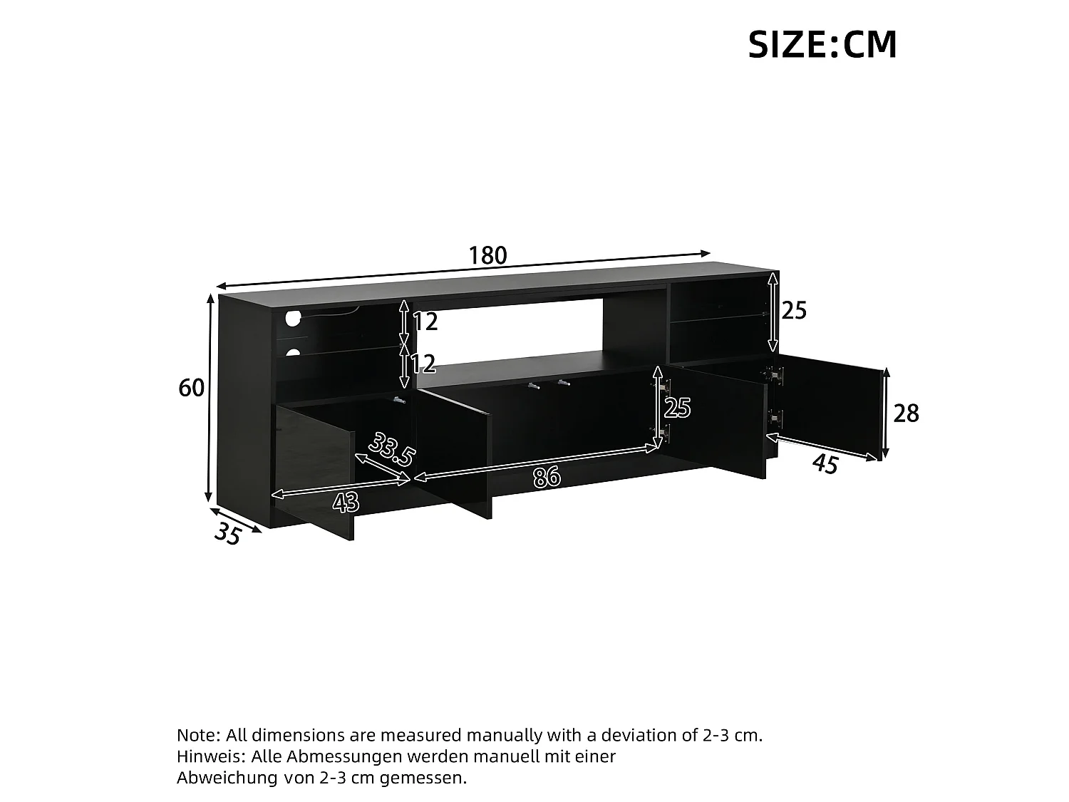 Meuble TV laqué brillant 180x35x60 cm - avec éclairage LED - 4 portes et 8 compartiments de rangement - Noir