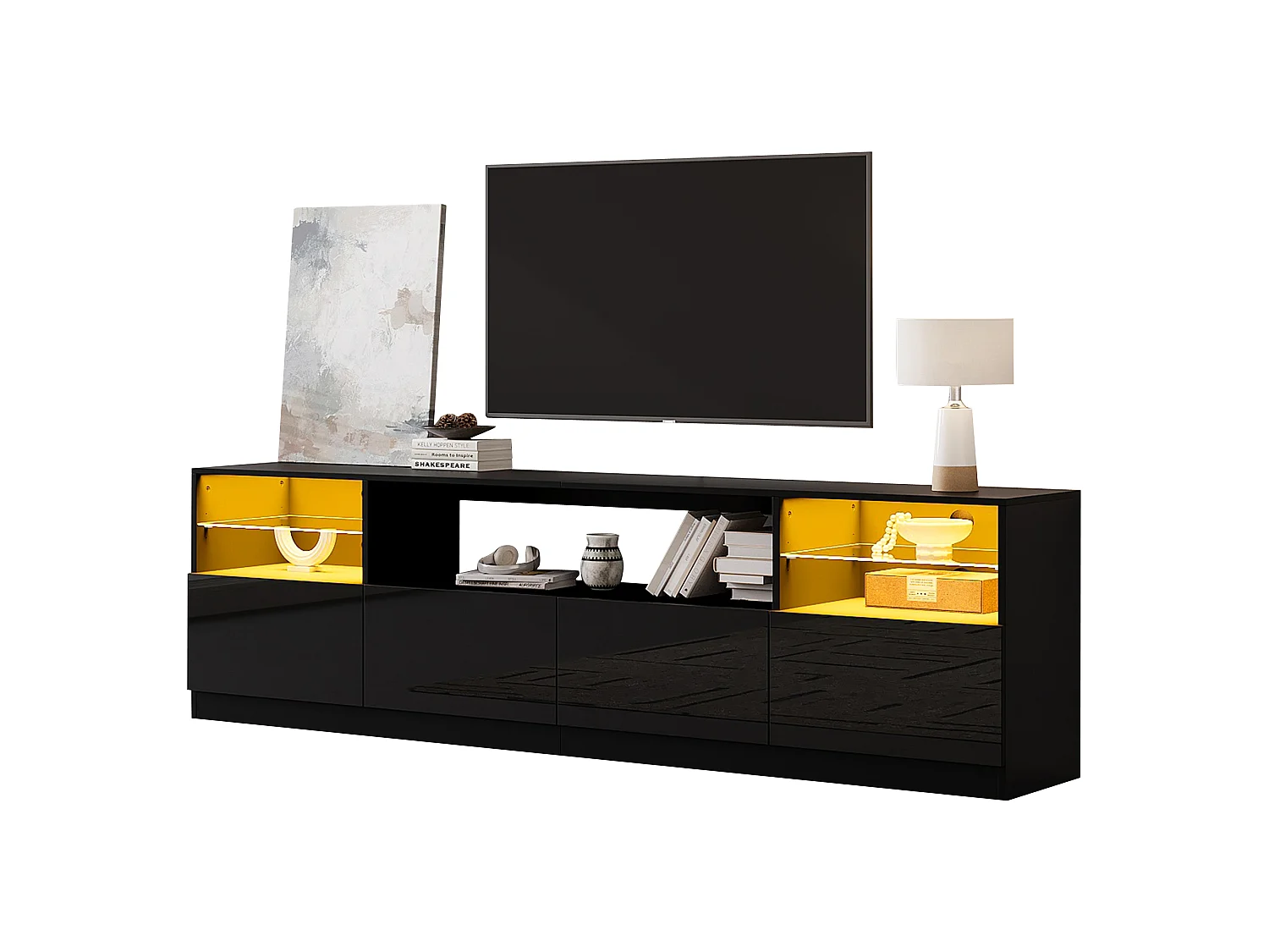 Meuble TV laqué brillant 180x35x60 cm - avec éclairage LED - 4 portes et 8 compartiments de rangement - Noir