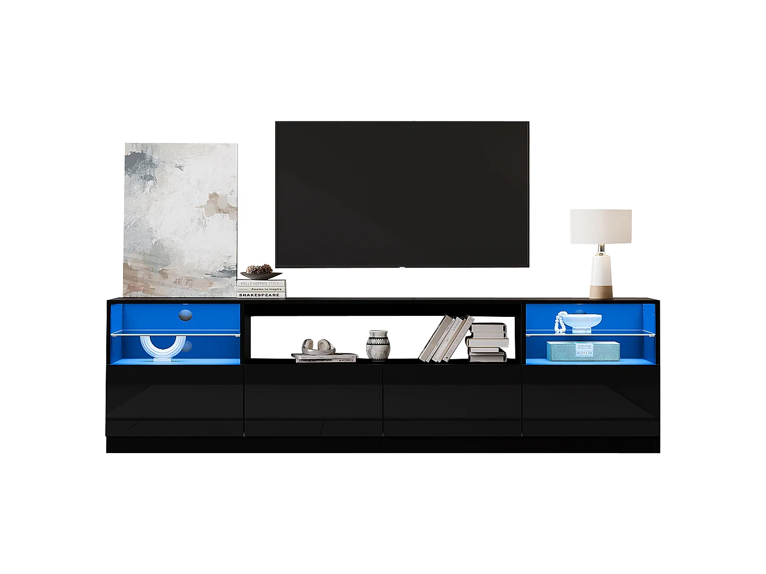 Meuble TV laqué brillant 180x35x60 cm - avec éclairage LED - 4 portes et 8 compartiments de rangement - Noir