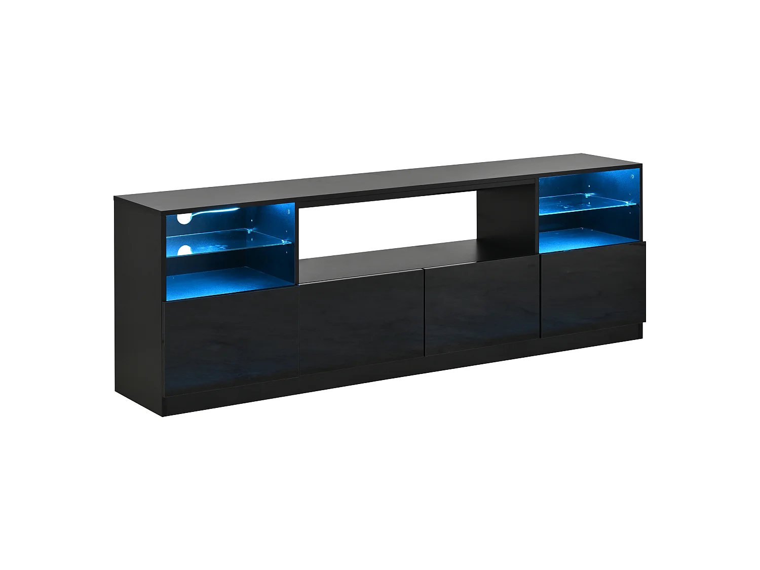 Meuble TV laqué brillant 180x35x60 cm - avec éclairage LED - 4 portes et 8 compartiments de rangement - Noir