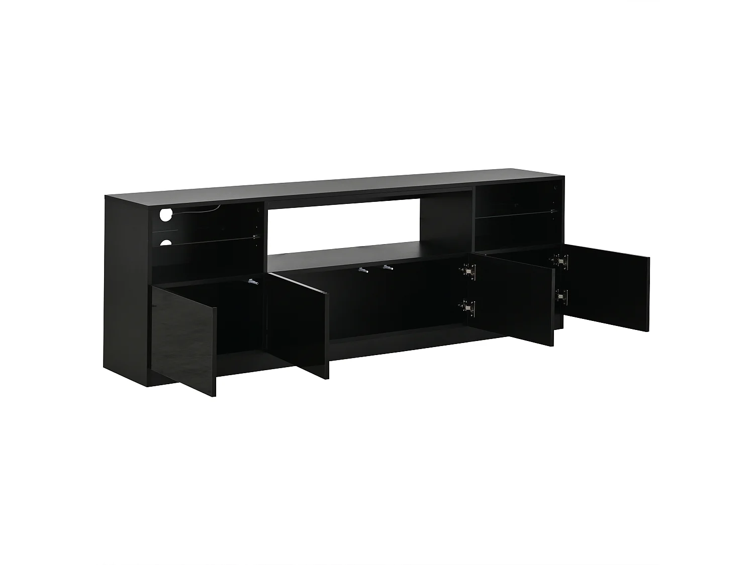 Meuble TV laqué brillant 180x35x60 cm - avec éclairage LED - 4 portes et 8 compartiments de rangement - Noir