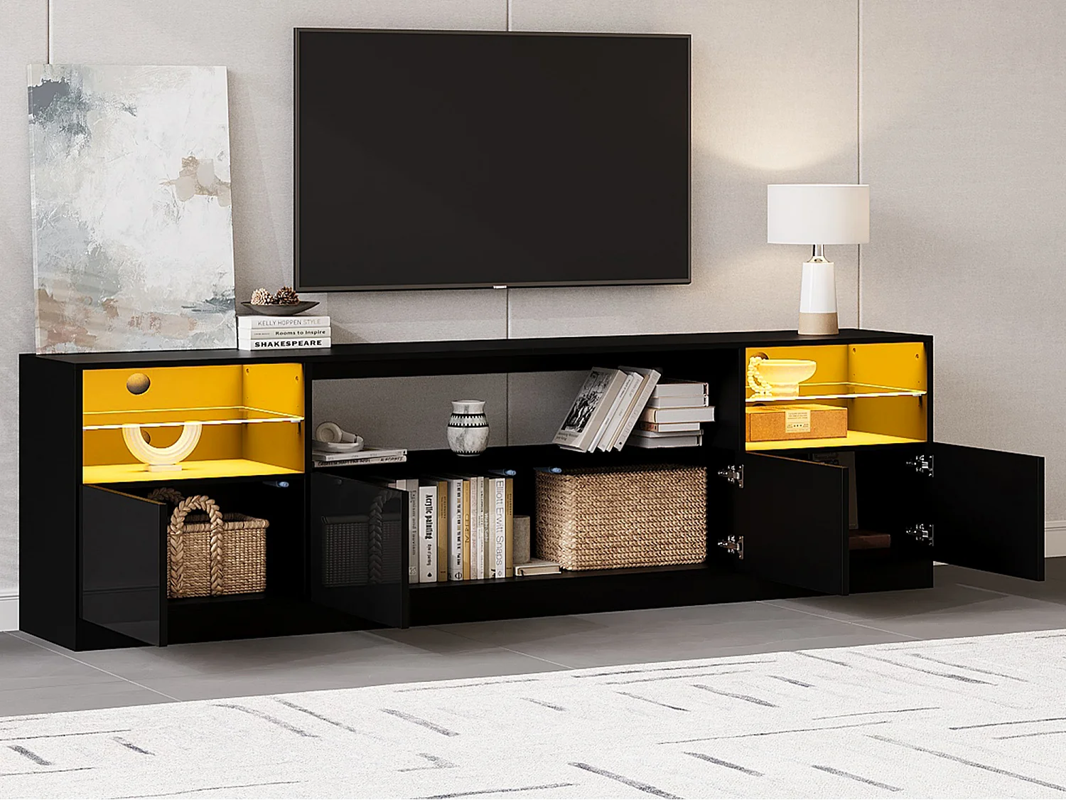 Meuble TV laqué brillant 180x35x60 cm - avec éclairage LED - 4 portes et 8 compartiments de rangement - Noir