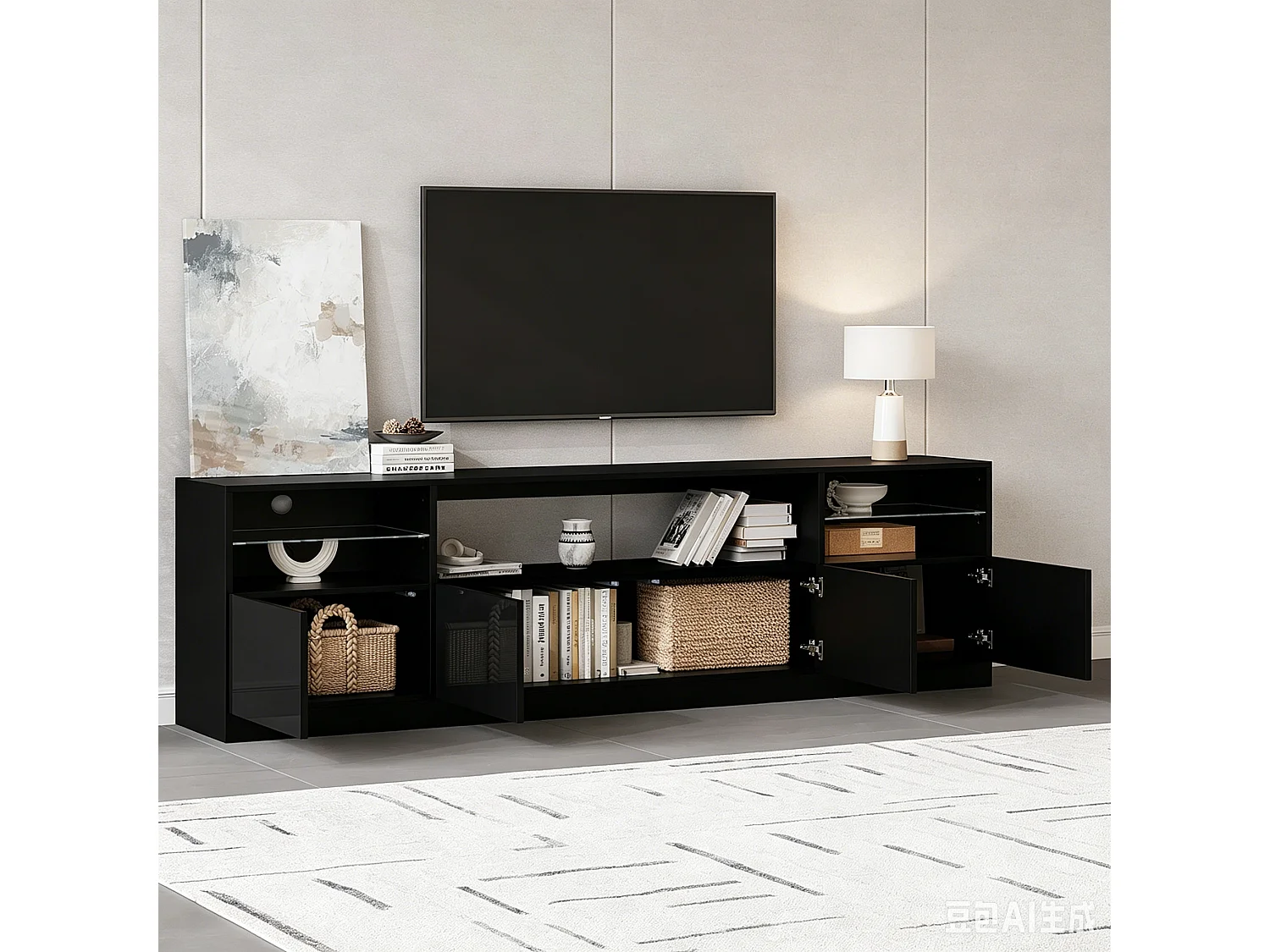 Meuble TV laqué brillant 180x35x60 cm - avec éclairage LED - 4 portes et 8 compartiments de rangement - Noir