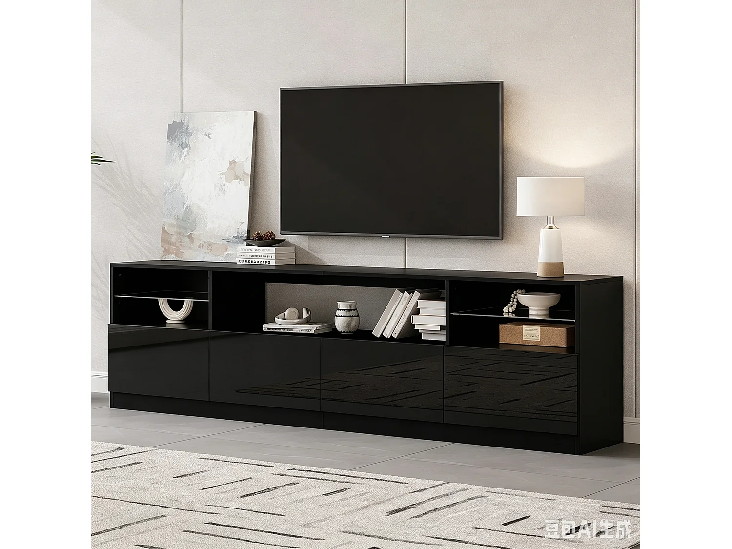 Meuble TV laqué brillant 180x35x60 cm - avec éclairage LED - 4 portes et 8 compartiments de rangement - Noir