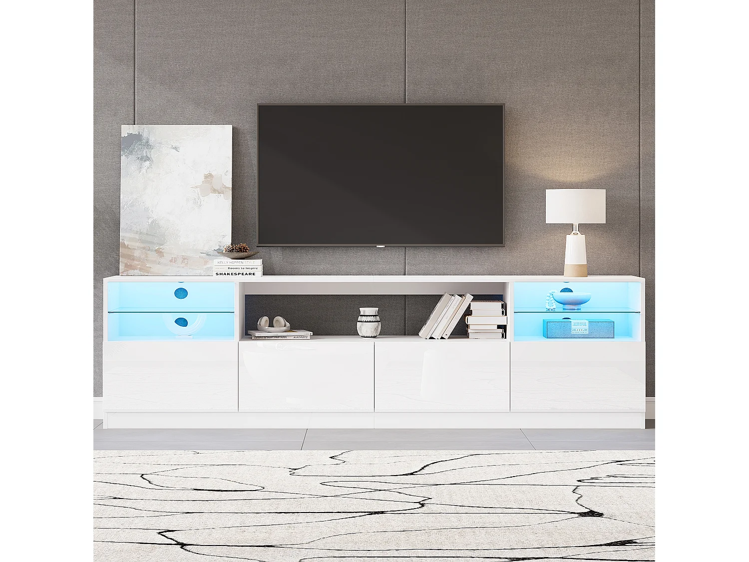 Meuble TV laqué brillant 180x35x60 cm - avec éclairage LED - 4 portes et 8 compartiments de rangement - Blanc