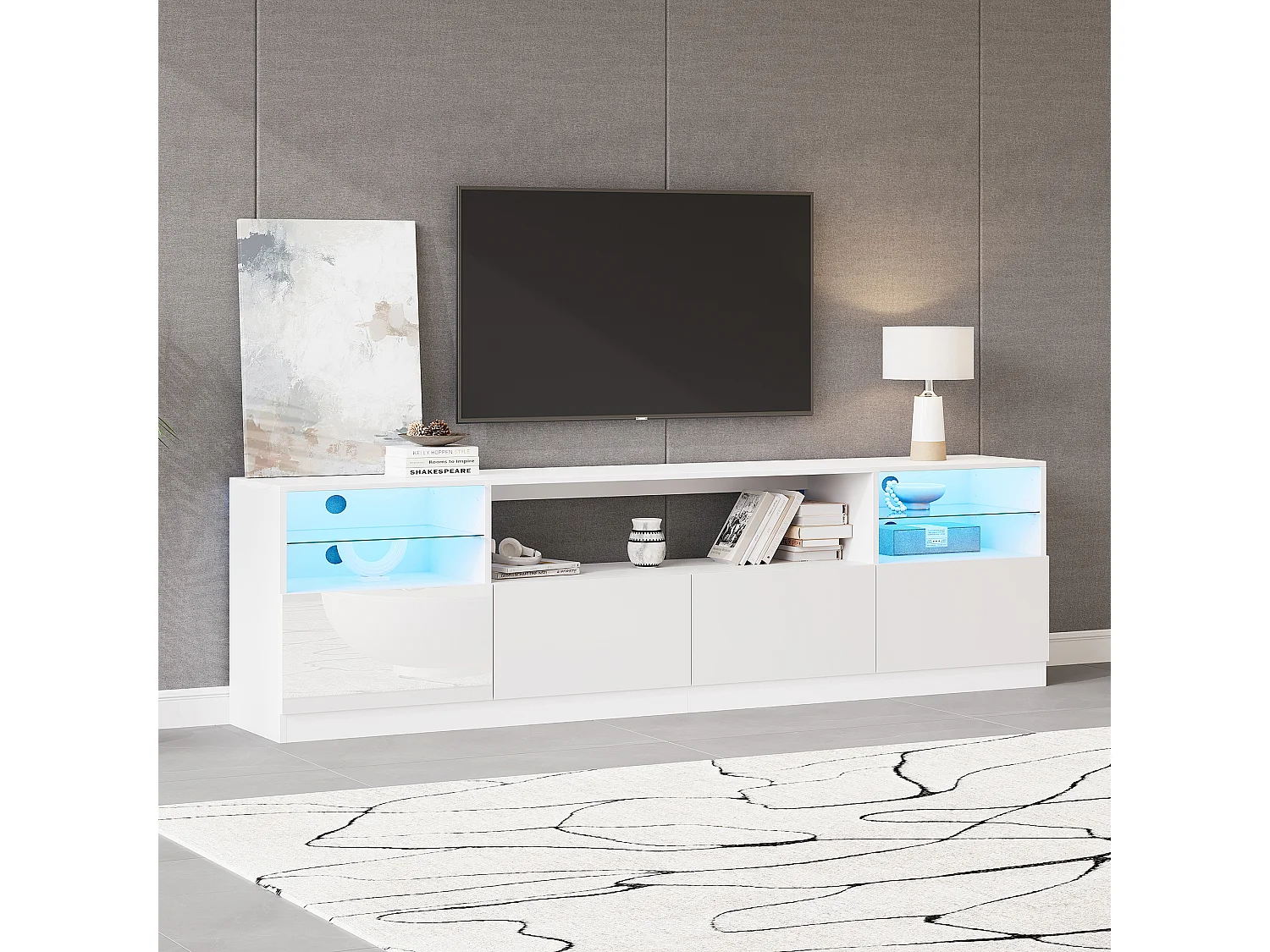 Meuble TV laqué brillant 180x35x60 cm - avec éclairage LED - 4 portes et 8 compartiments de rangement - Blanc