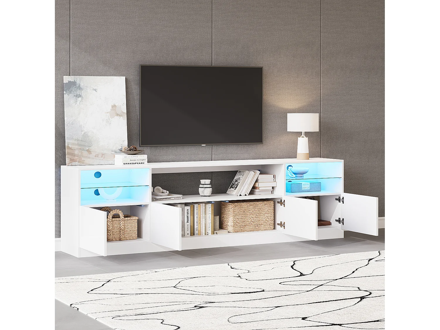 Meuble TV laqué brillant 180x35x60 cm - avec éclairage LED - 4 portes et 8 compartiments de rangement - Blanc