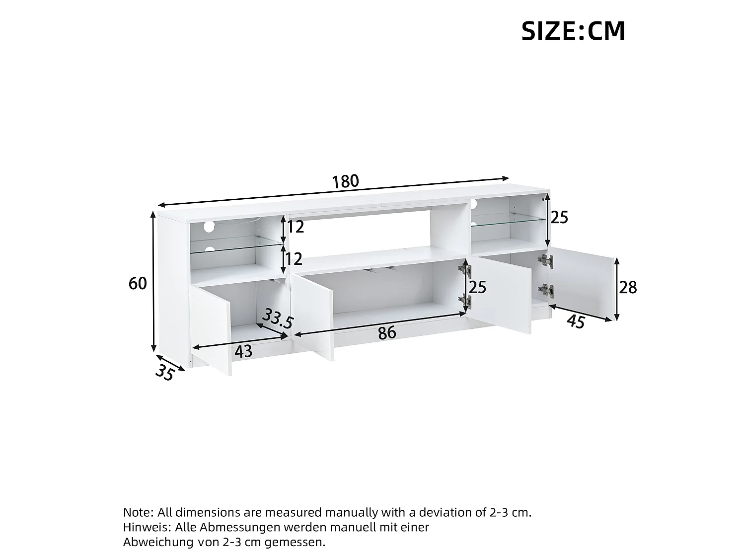 Meuble TV laqué brillant 180x35x60 cm - avec éclairage LED - 4 portes et 8 compartiments de rangement - Blanc