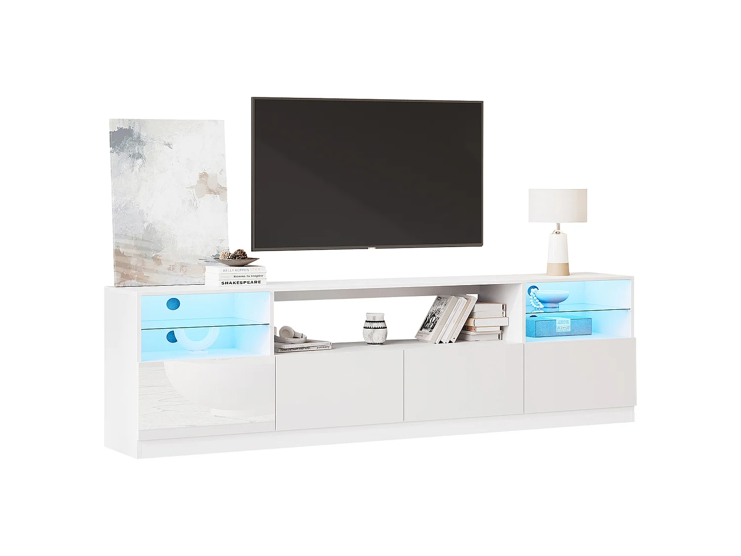 Meuble TV laqué brillant 180x35x60 cm - avec éclairage LED - 4 portes et 8 compartiments de rangement - Blanc