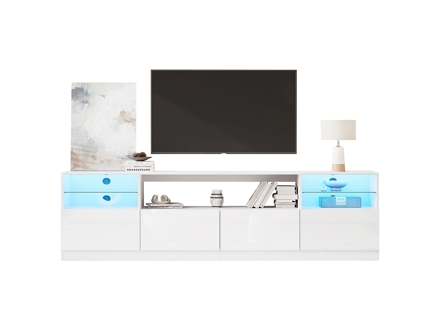 Meuble TV laqué brillant 180x35x60 cm - avec éclairage LED - 4 portes et 8 compartiments de rangement - Blanc