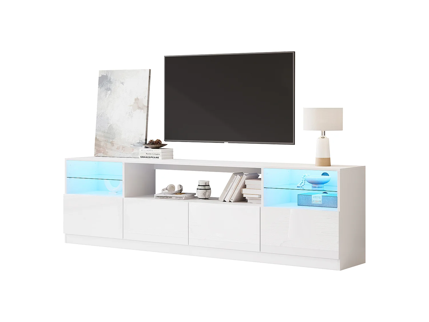 Meuble TV laqué brillant 180x35x60 cm - avec éclairage LED - 4 portes et 8 compartiments de rangement - Blanc