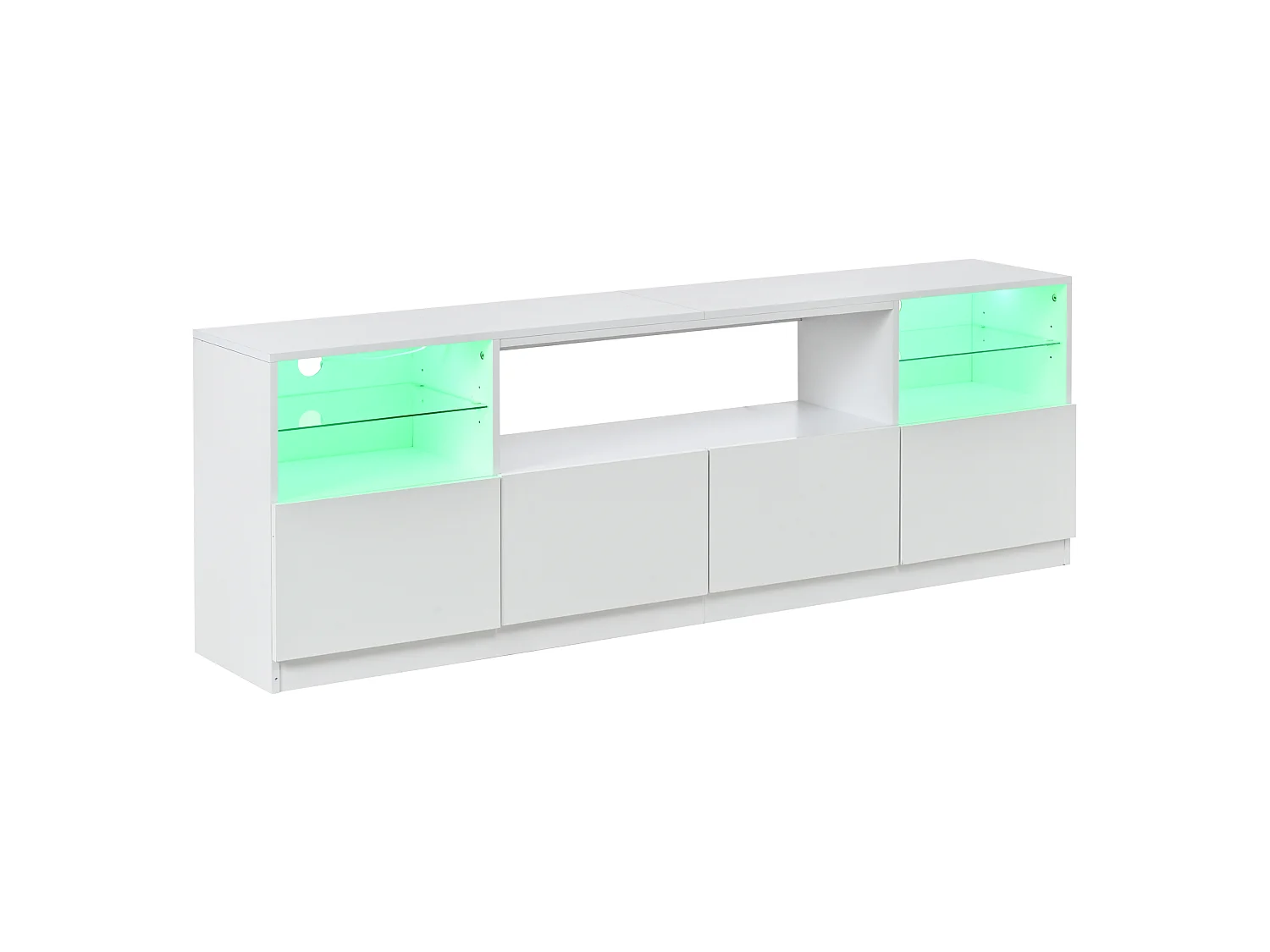 Meuble TV laqué brillant 180x35x60 cm - avec éclairage LED - 4 portes et 8 compartiments de rangement - Blanc