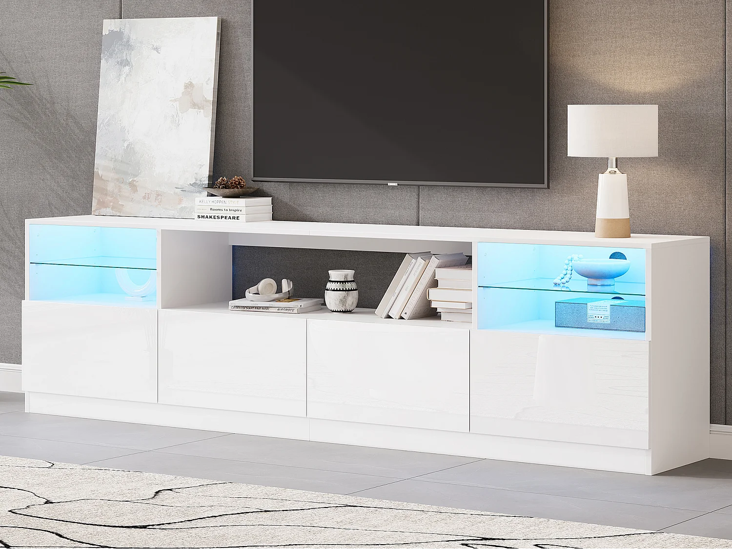 Meuble TV laqué brillant 180x35x60 cm - avec éclairage LED - 4 portes et 8 compartiments de rangement - Blanc