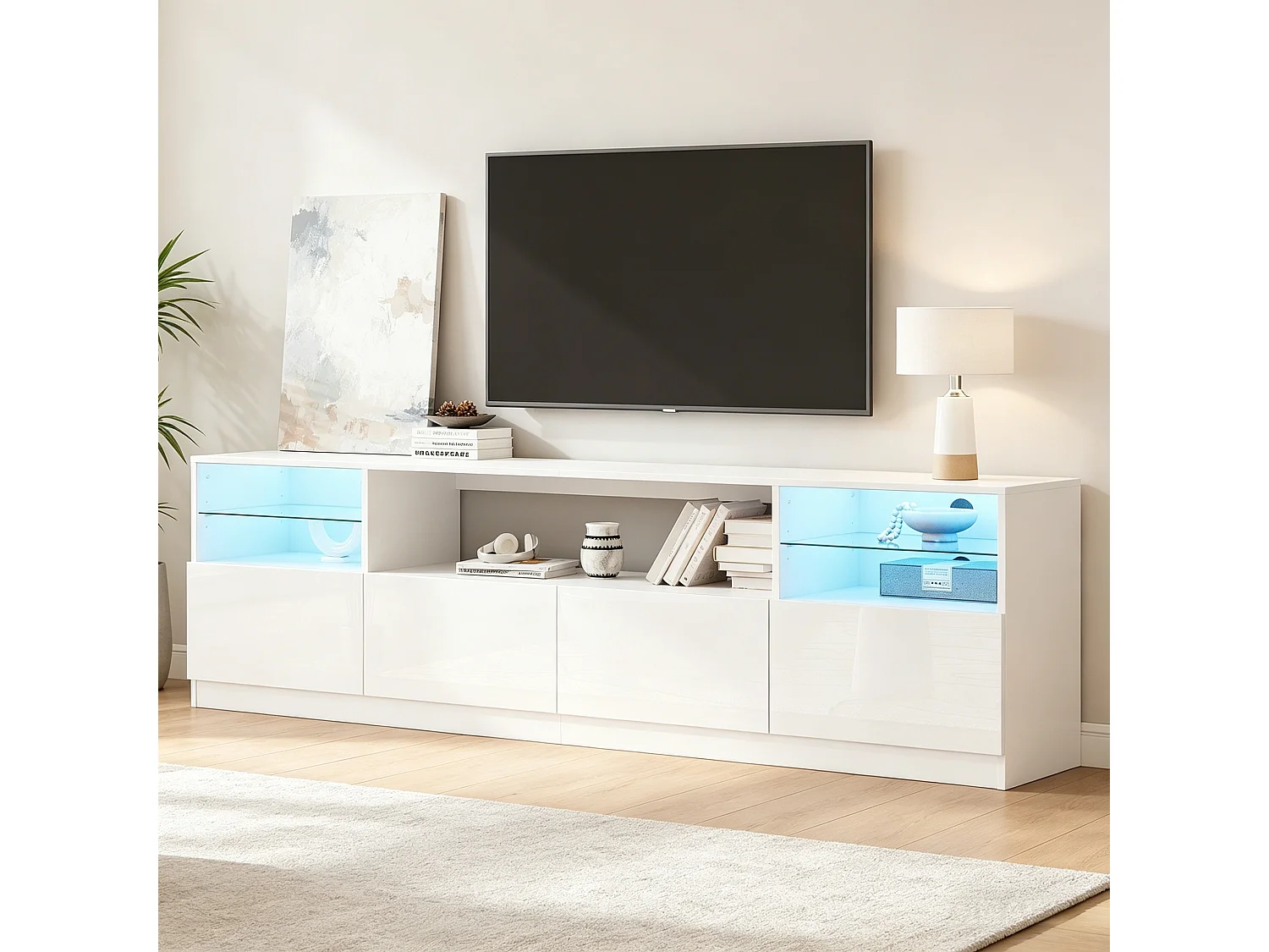 Meuble TV laqué brillant 180x35x60 cm - avec éclairage LED - 4 portes et 8 compartiments de rangement - Blanc