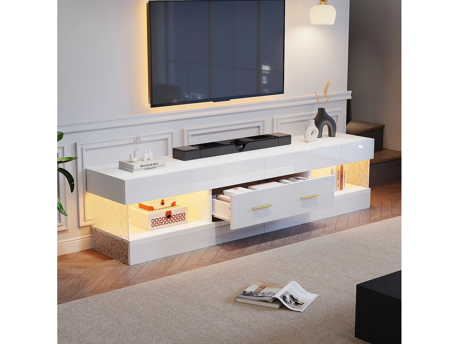 Meuble TV avec éclairage LED 152x35x40 cm - 2 tiroirs et rangements ouverts - Plateau en verre acrylique - Blanc