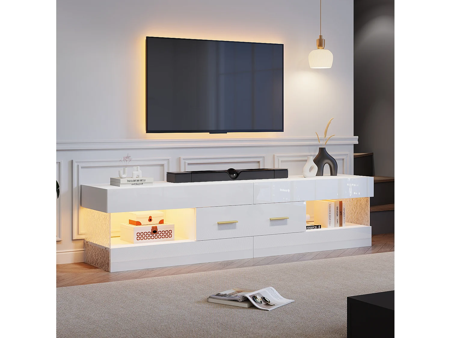 Meuble TV avec éclairage LED 152x35x40 cm - 2 tiroirs et rangements ouverts - Plateau en verre acrylique - Blanc