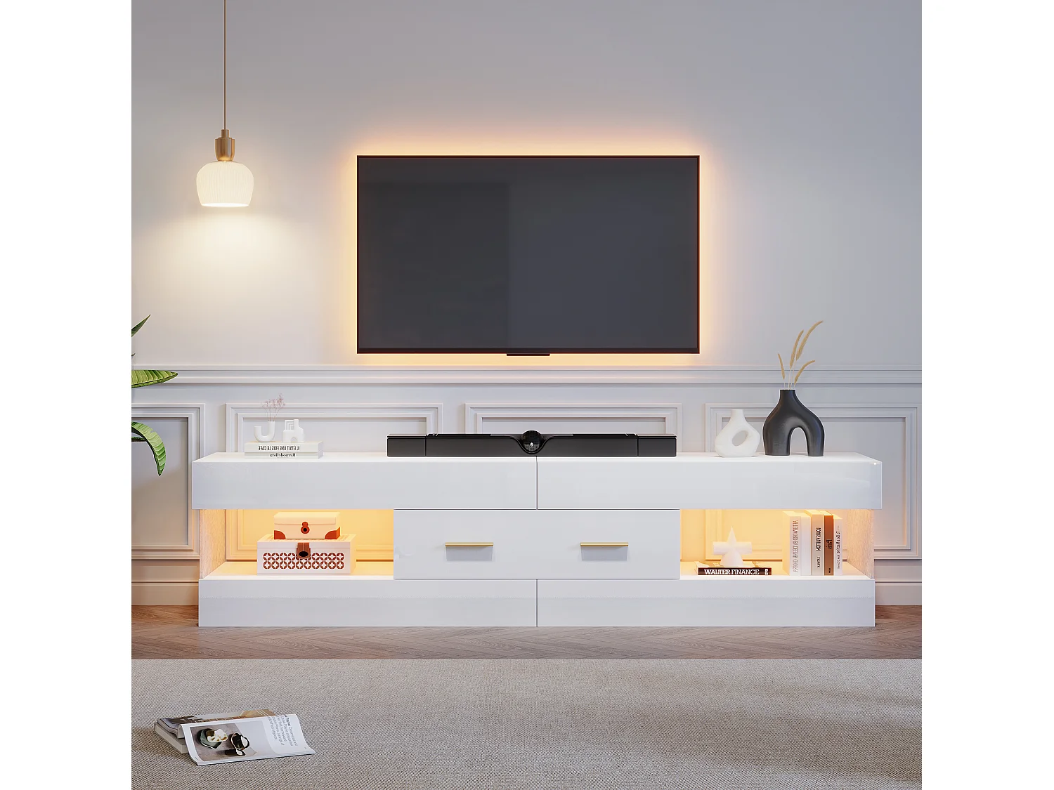Meuble TV avec éclairage LED 152x35x40 cm - 2 tiroirs et rangements ouverts - Plateau en verre acrylique - Blanc