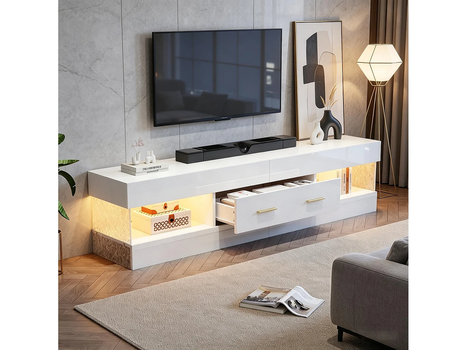 Meuble TV avec éclairage LED 152x35x40 cm - 2 tiroirs et rangements ouverts - Plateau en verre acrylique - Blanc