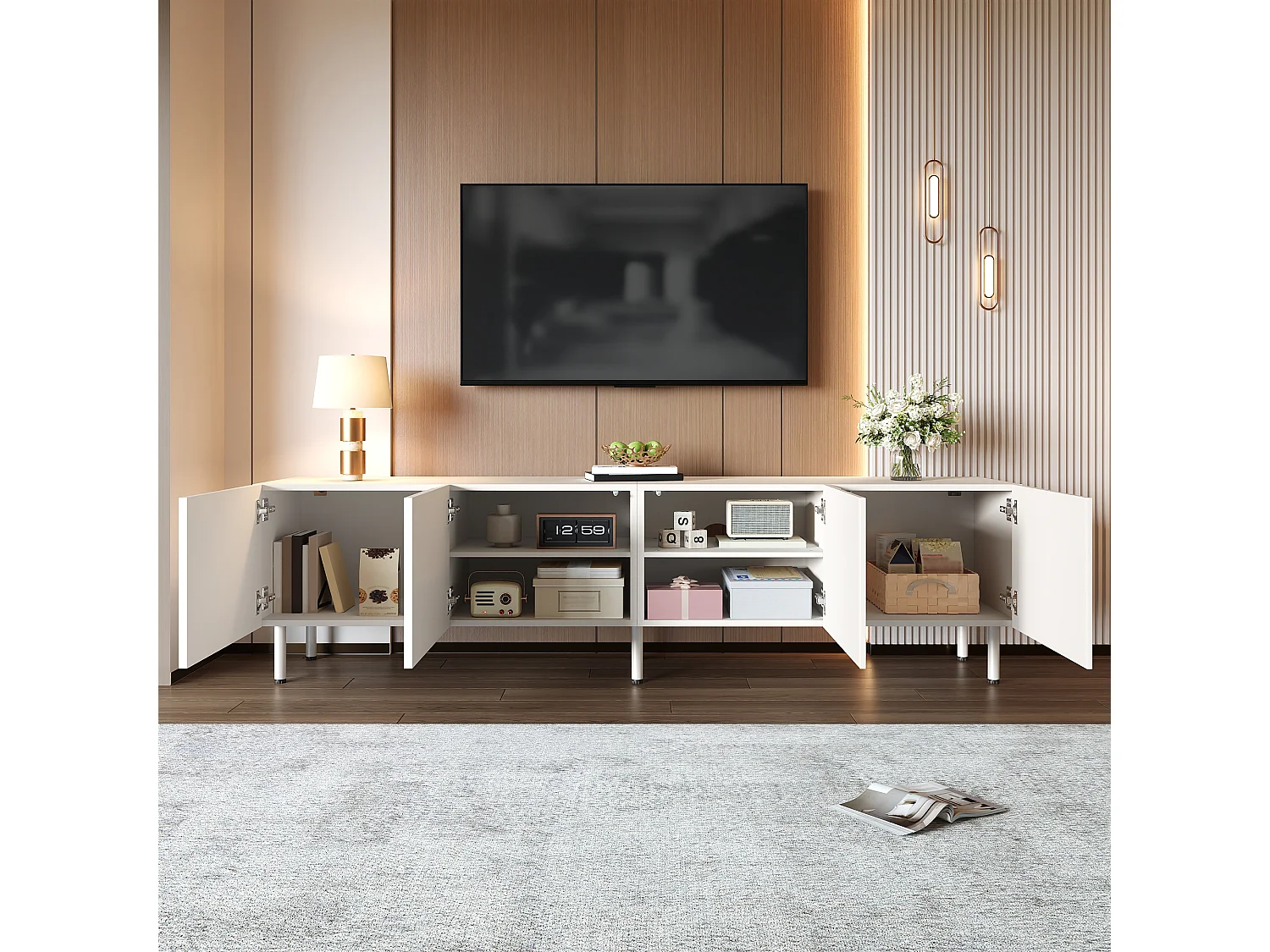 Meuble TV moderne 170x35x50 cm - Avec 4 portes - Pieds cylindriques en métal - MDF - Blanc