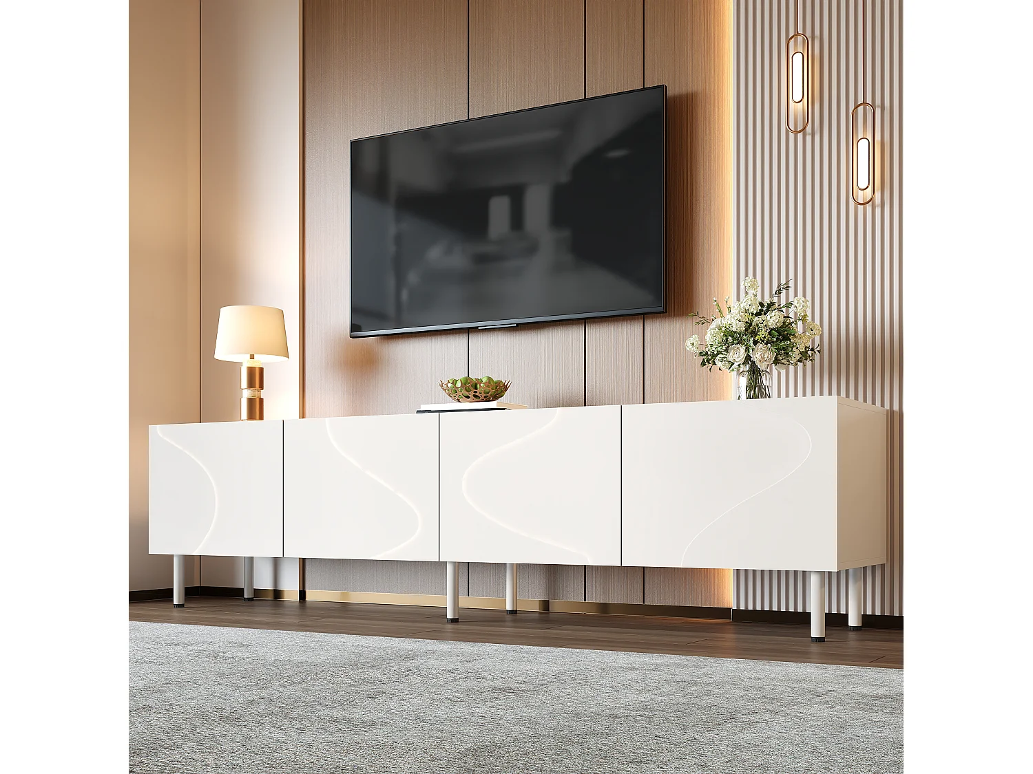 Meuble TV moderne 170x35x50 cm - Avec 4 portes - Pieds cylindriques en métal - MDF - Blanc