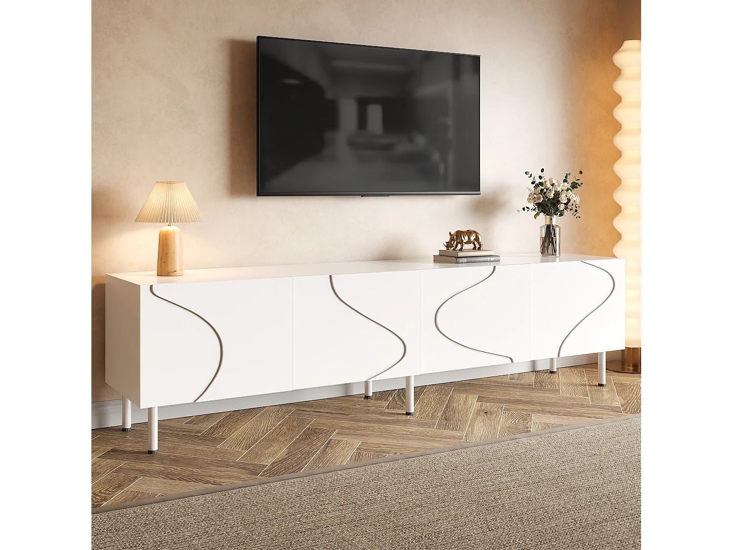 Meuble TV moderne 170x35x50 cm - Avec 4 portes - Pieds cylindriques en métal - MDF - Blanc