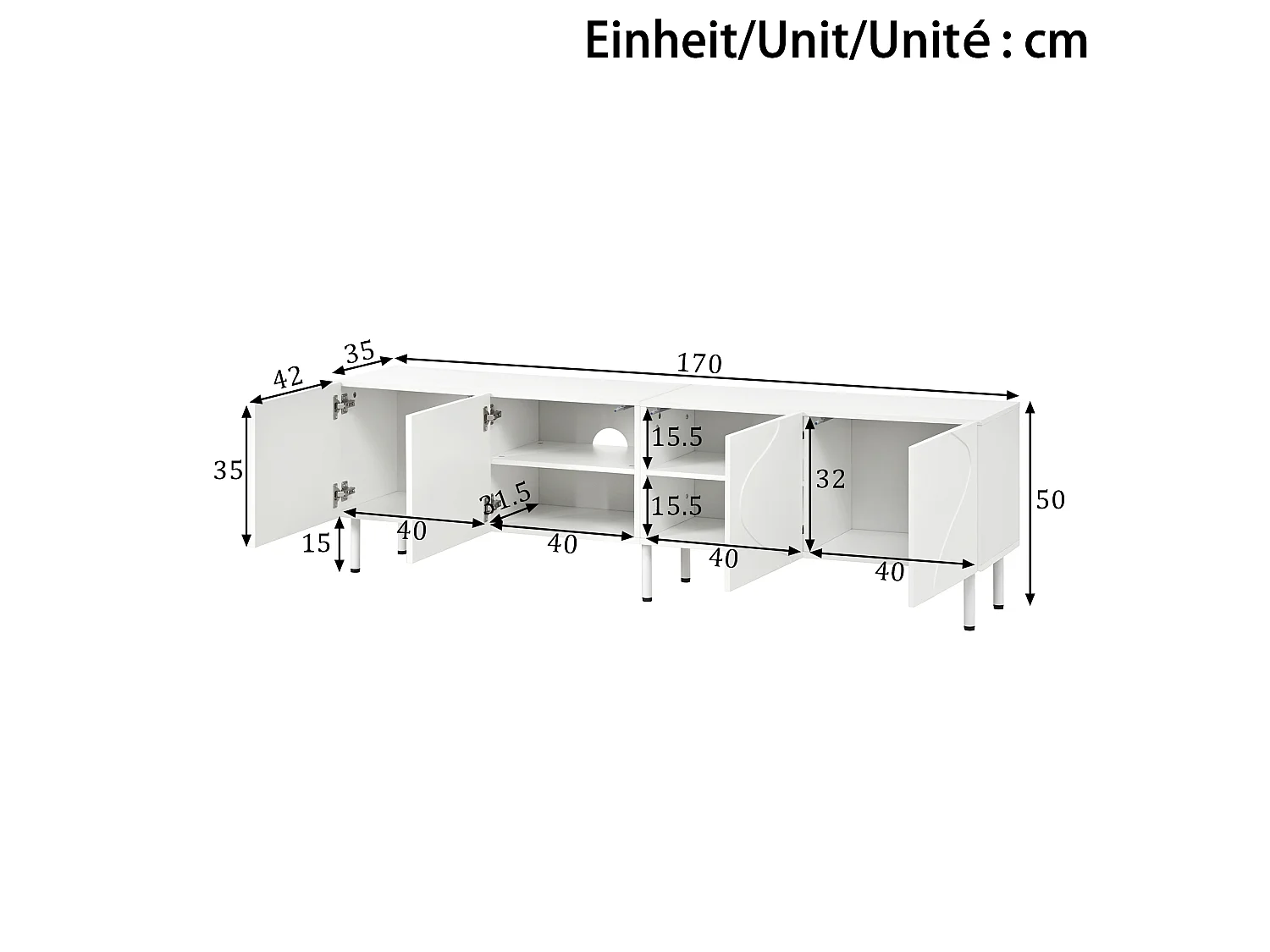Meuble TV moderne 170x35x50 cm - Avec 4 portes - Pieds cylindriques en métal - MDF - Blanc