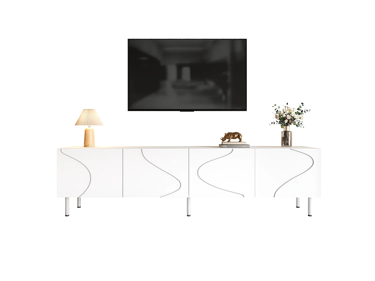 Meuble TV moderne 170x35x50 cm - Avec 4 portes - Pieds cylindriques en métal - MDF - Blanc