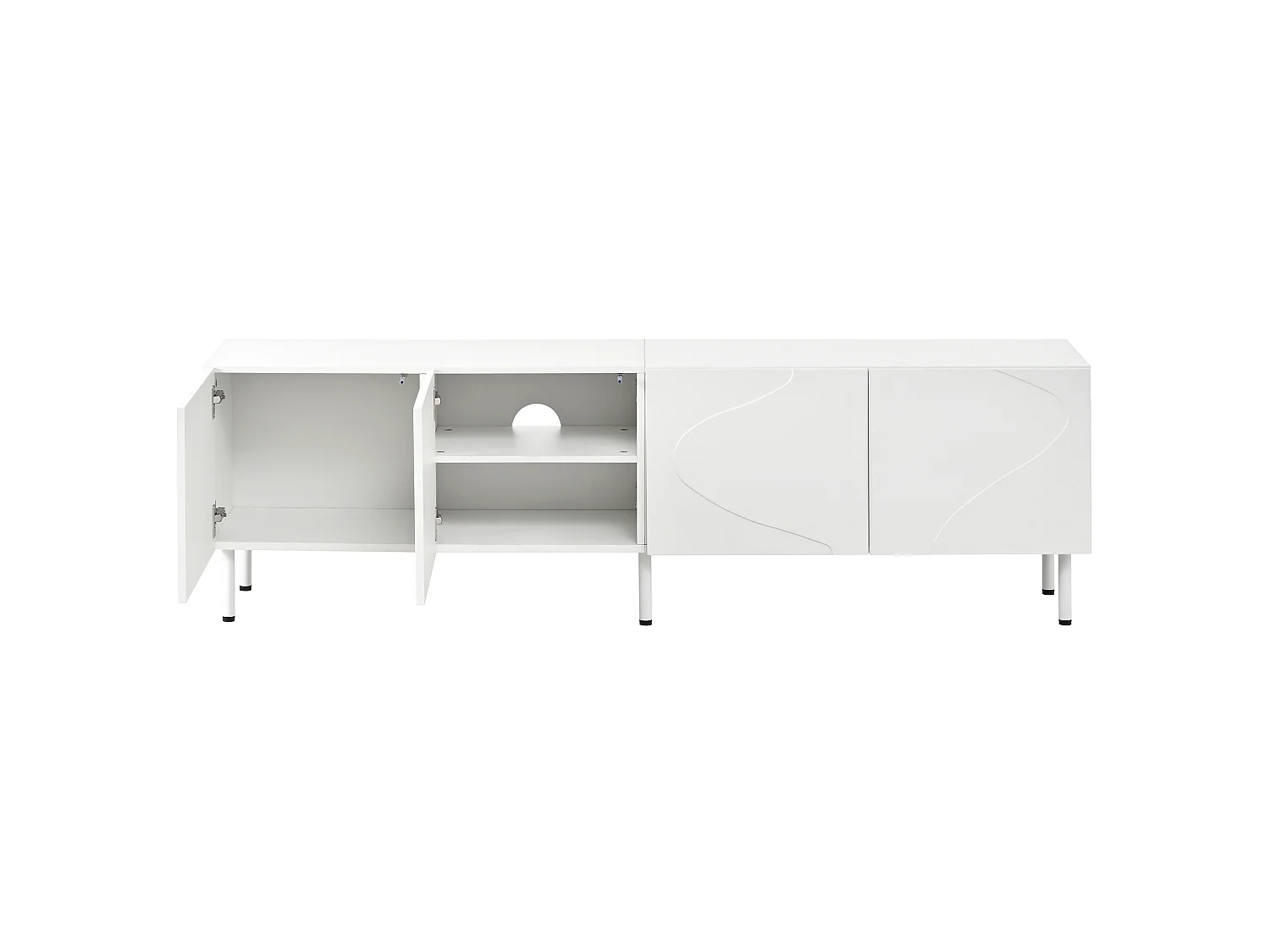 Meuble TV moderne 170x35x50 cm - Avec 4 portes - Pieds cylindriques en métal - MDF - Blanc