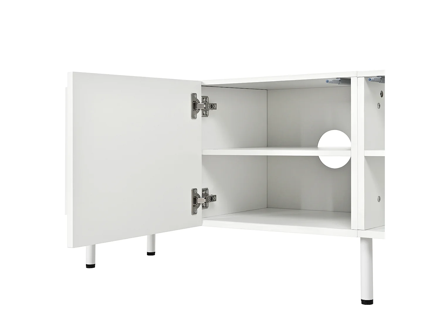 Meuble TV moderne 170x35x50 cm - Avec 4 portes - Pieds cylindriques en métal - MDF - Blanc