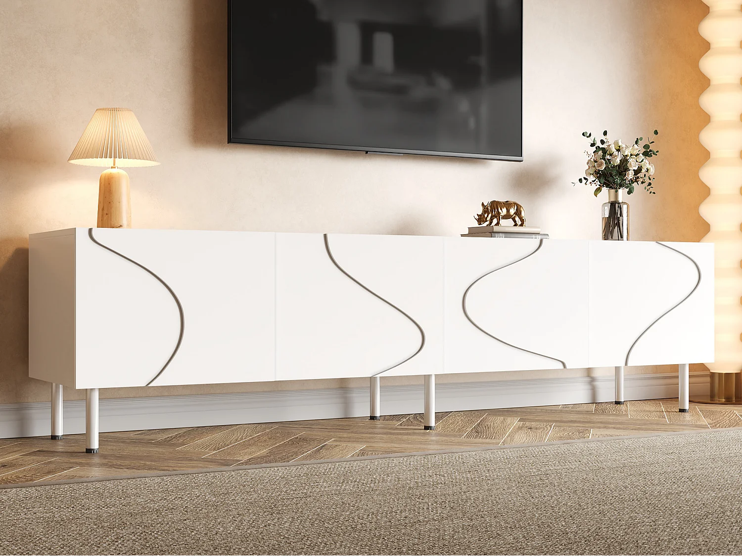 Meuble TV moderne 170x35x50 cm - Avec 4 portes - Pieds cylindriques en métal - MDF - Blanc