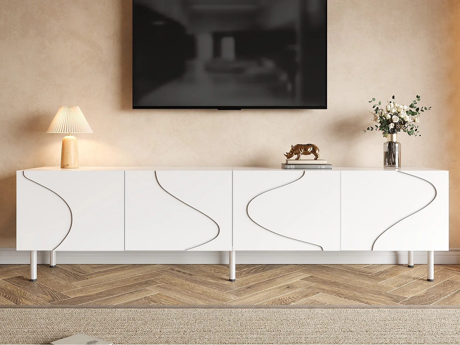 Meuble TV moderne 170x35x50 cm - Avec 4 portes - Pieds cylindriques en métal - MDF - Blanc
