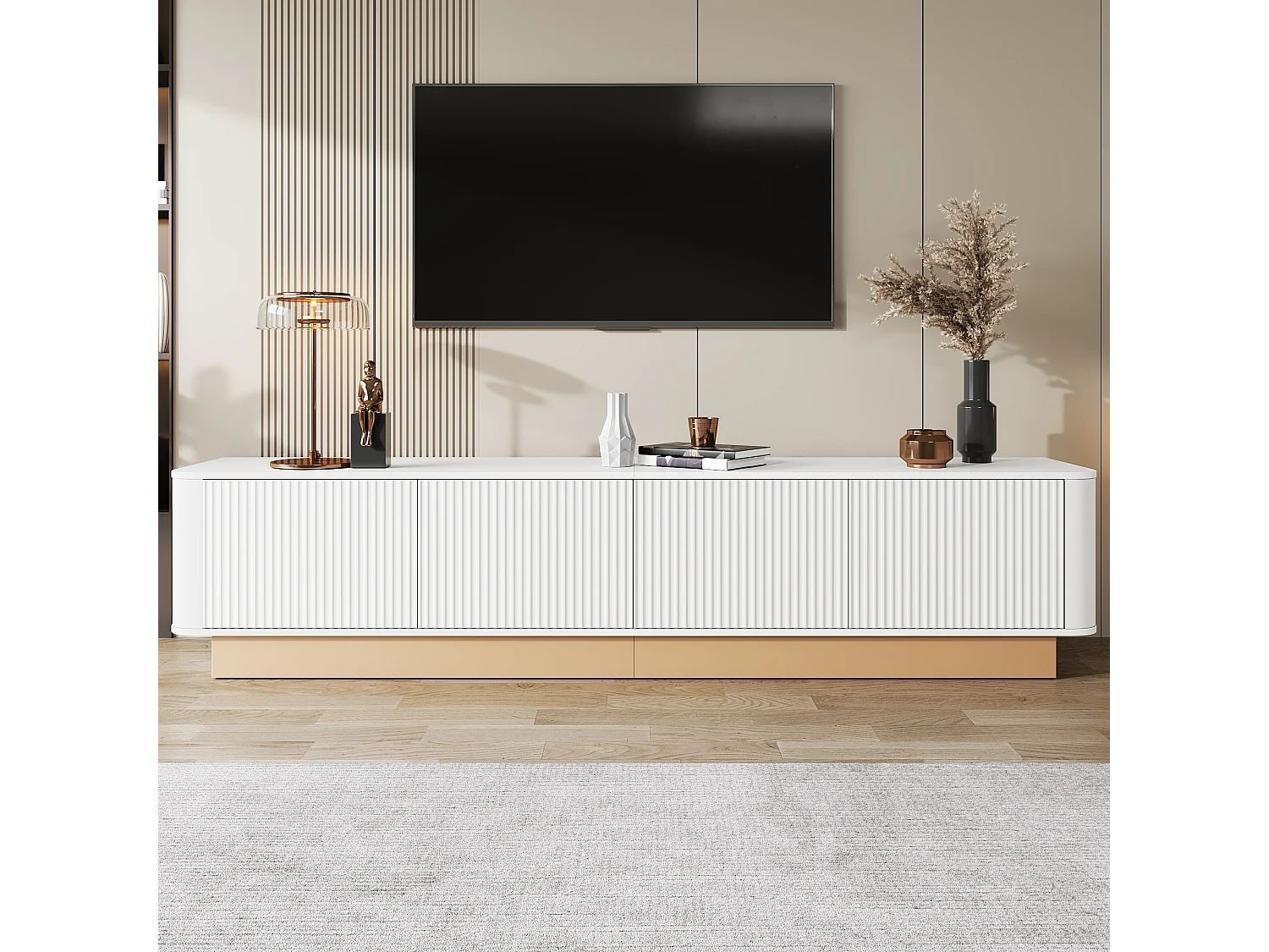 200 cm TV-bänk med 4 dörrar och justerbara hyllplan - Vitt och ljust trä