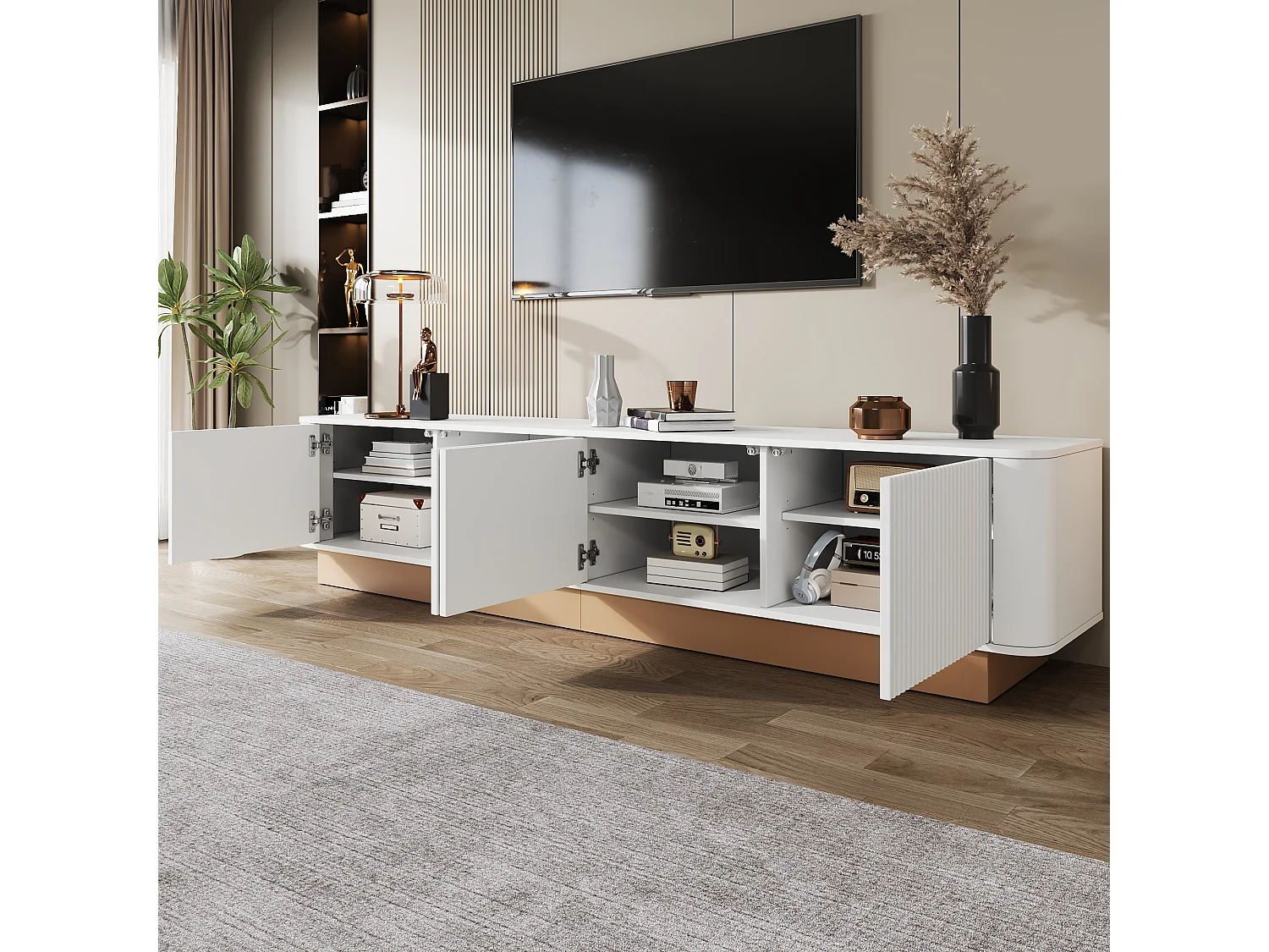 200 cm TV-bänk med 4 dörrar och justerbara hyllplan - Vitt och ljust trä