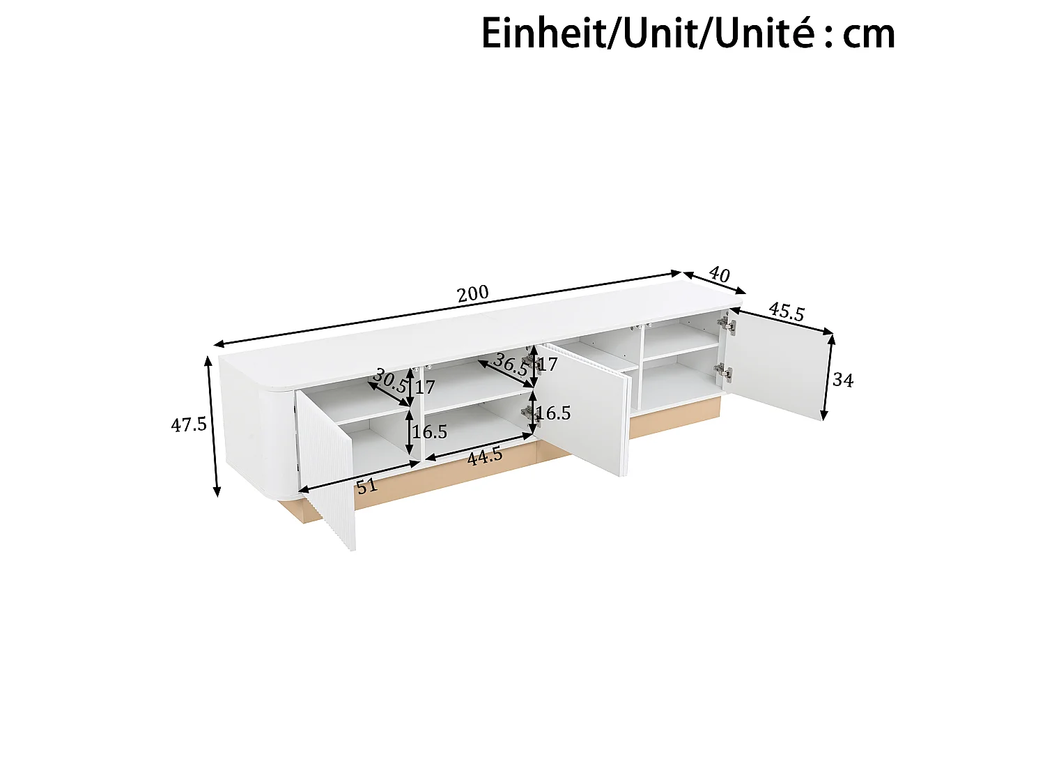 200 cm TV-bänk med 4 dörrar och justerbara hyllplan - Vitt och ljust trä