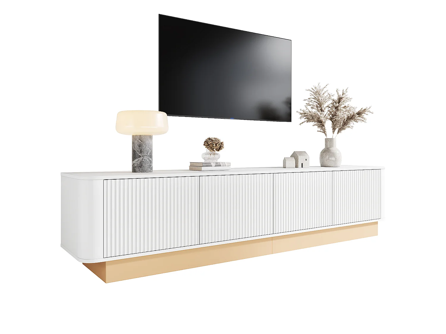200 cm TV-bänk med 4 dörrar och justerbara hyllplan - Vitt och ljust trä