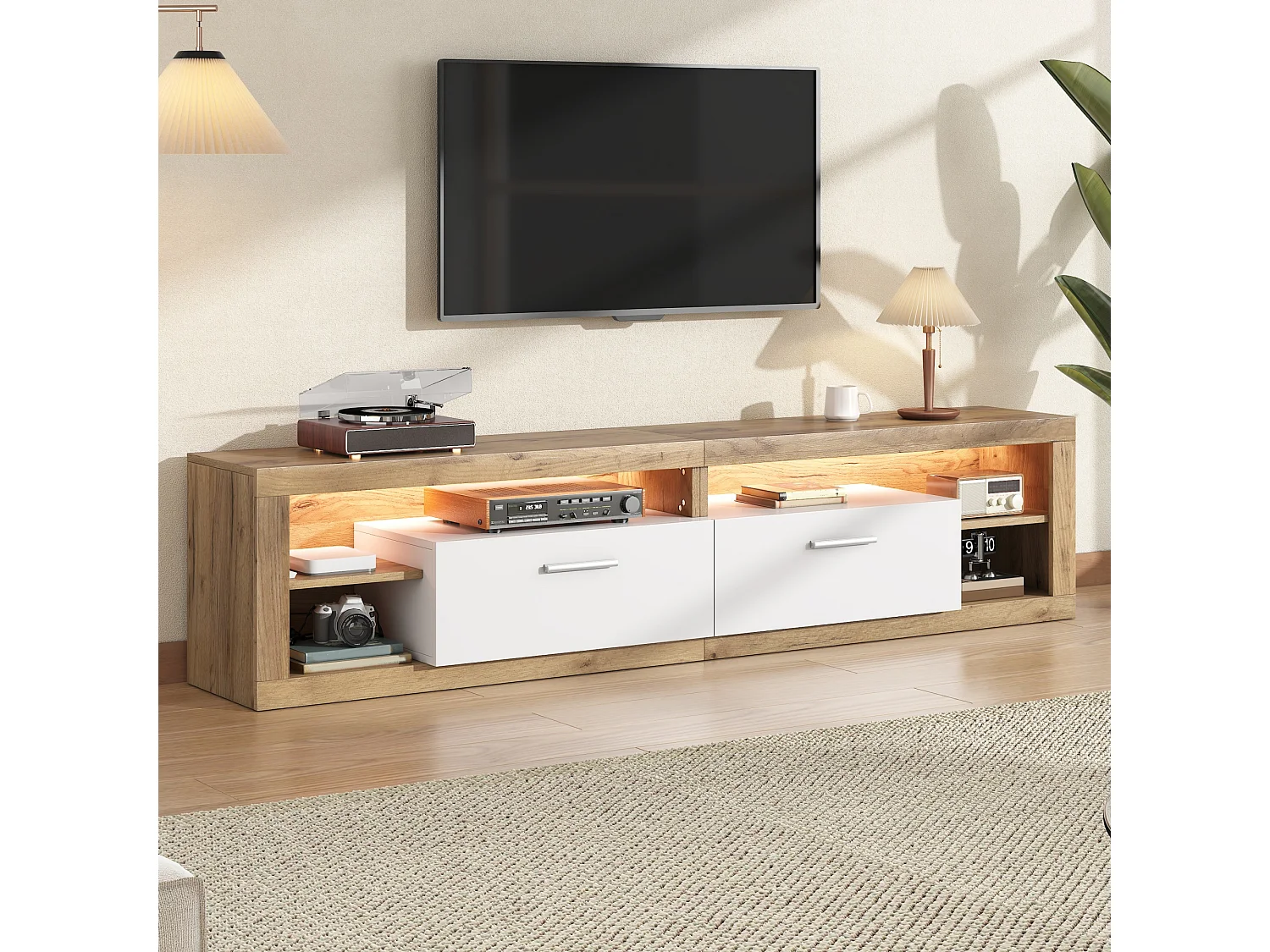 Meuble TV laqué brillant 180x35x60 cm - avec éclairage LED - 4 portes et 8 compartiments de rangement - Blanc