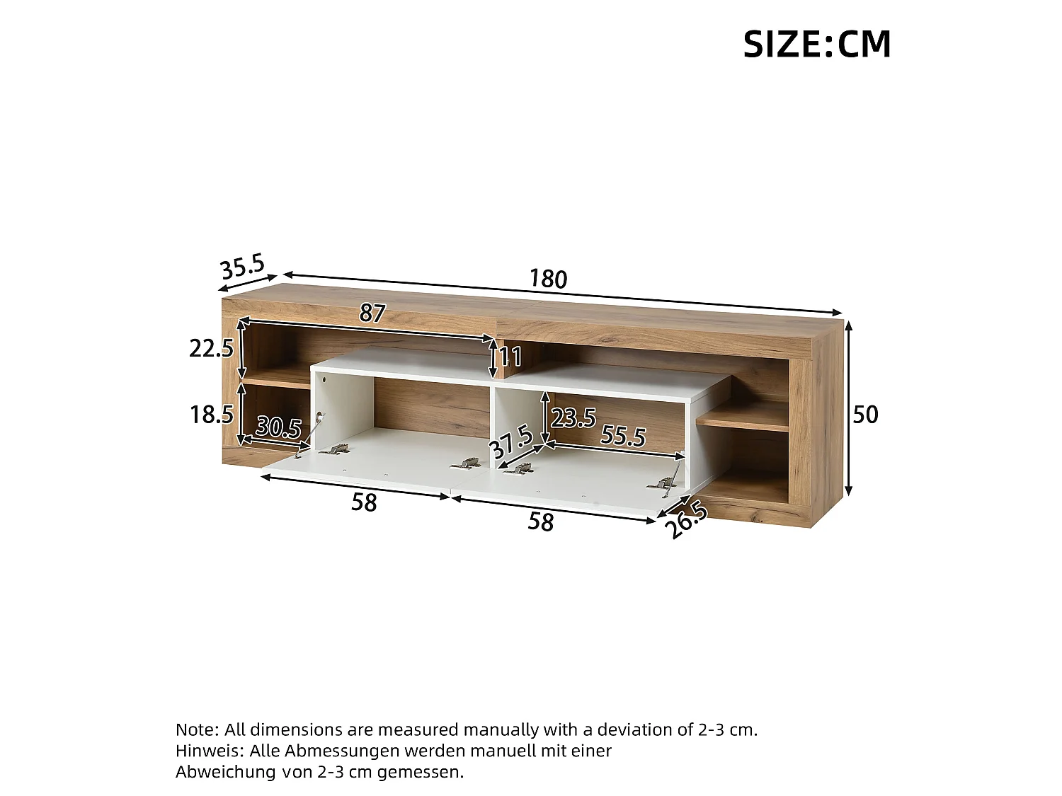 Meuble TV laqué brillant 180x35x60 cm - avec éclairage LED - 4 portes et 8 compartiments de rangement - Blanc