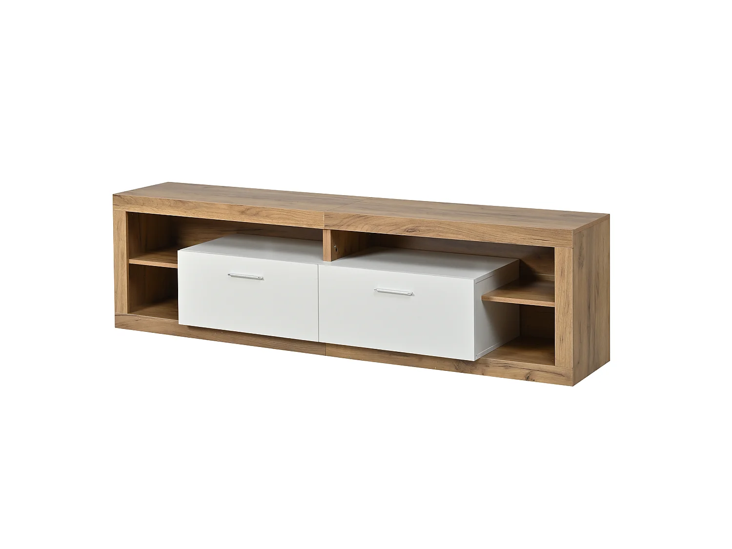 Meuble TV laqué brillant 180x35x60 cm - avec éclairage LED - 4 portes et 8 compartiments de rangement - Blanc