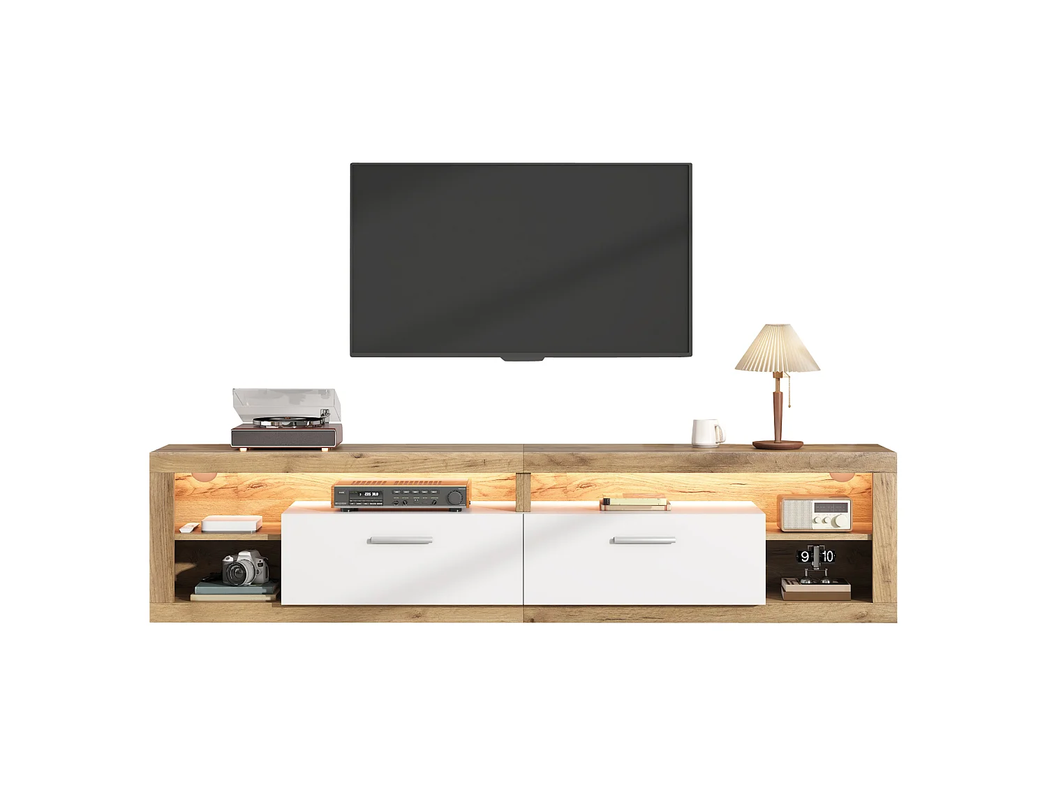 Meuble TV laqué brillant 180x35x60 cm - avec éclairage LED - 4 portes et 8 compartiments de rangement - Blanc