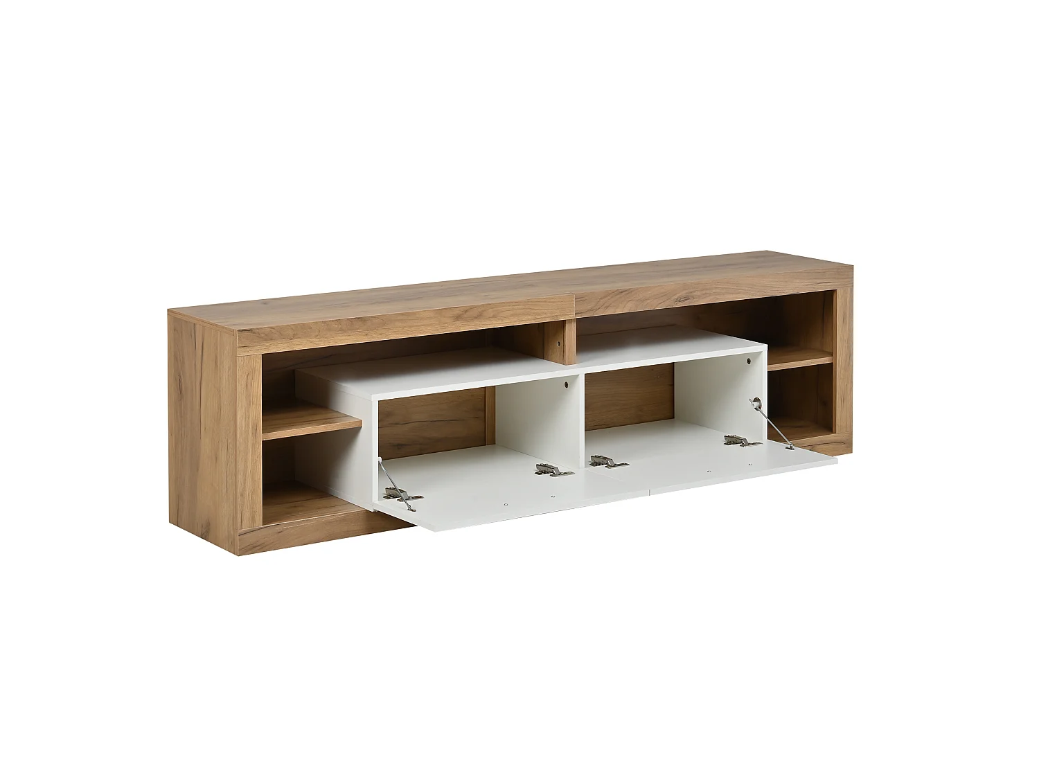 Meuble TV laqué brillant 180x35x60 cm - avec éclairage LED - 4 portes et 8 compartiments de rangement - Blanc