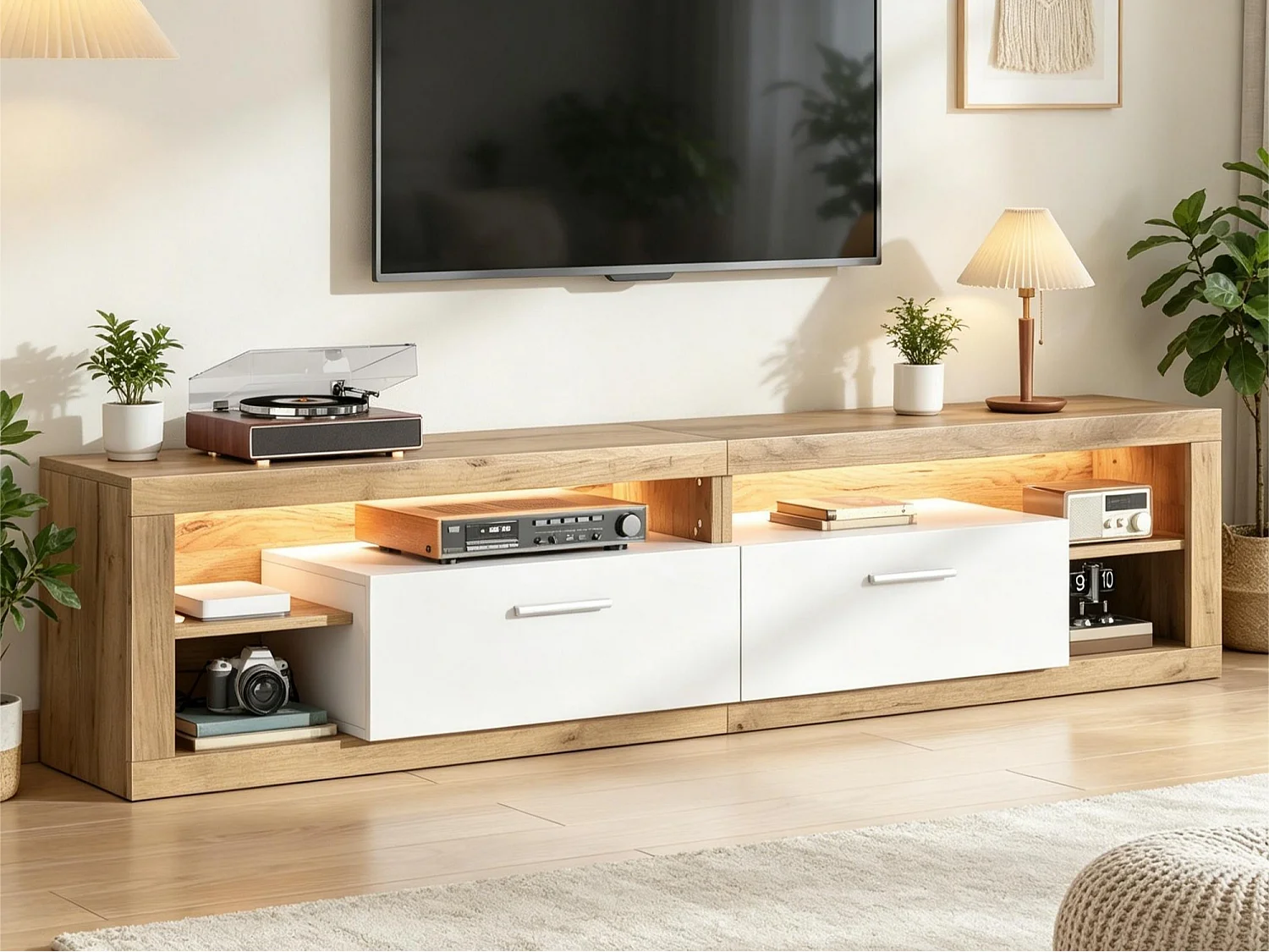 Meuble TV laqué brillant 180x35x60 cm - avec éclairage LED - 4 portes et 8 compartiments de rangement - Blanc