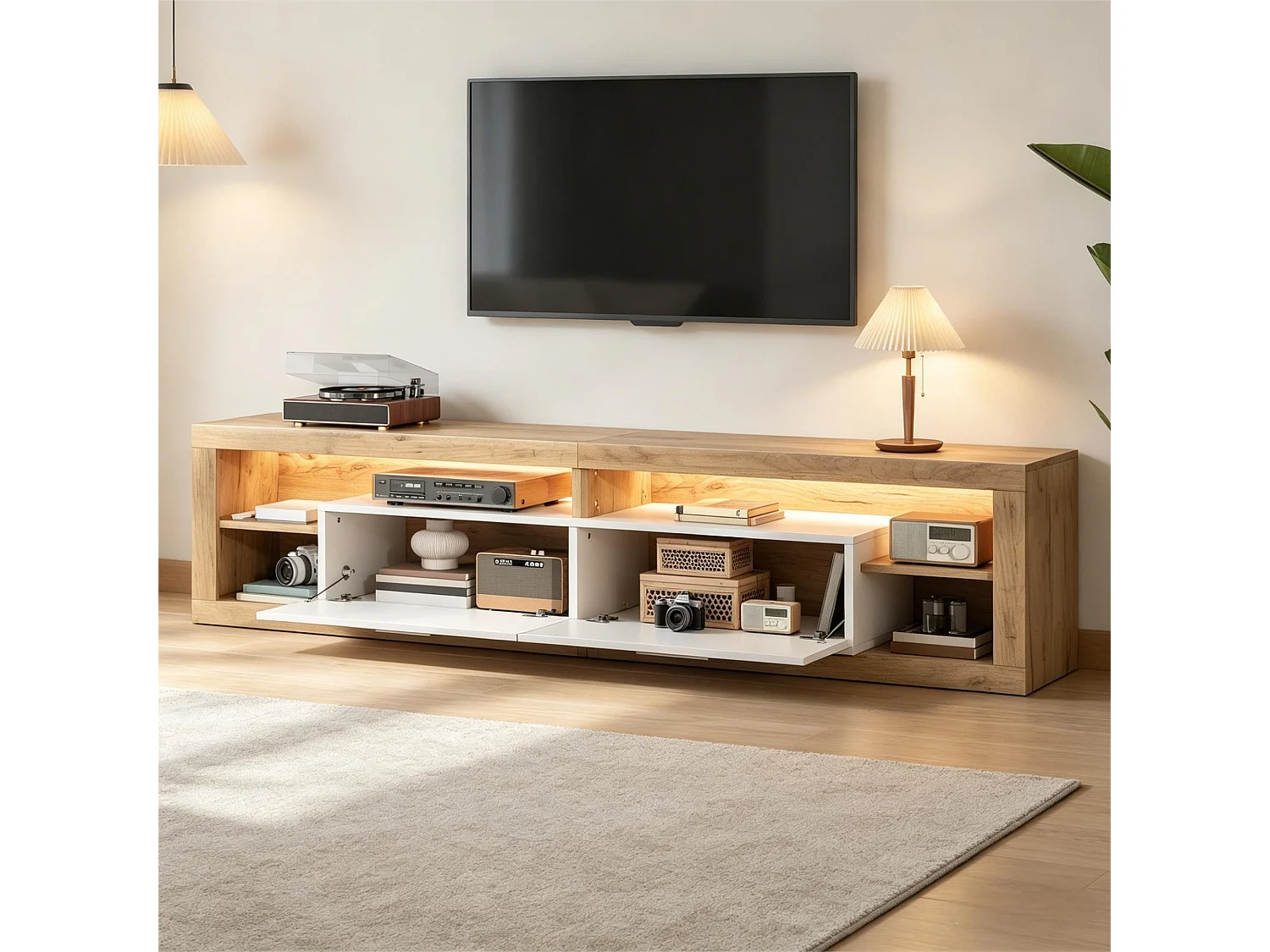 Meuble TV laqué brillant 180x35x60 cm - avec éclairage LED - 4 portes et 8 compartiments de rangement - Blanc