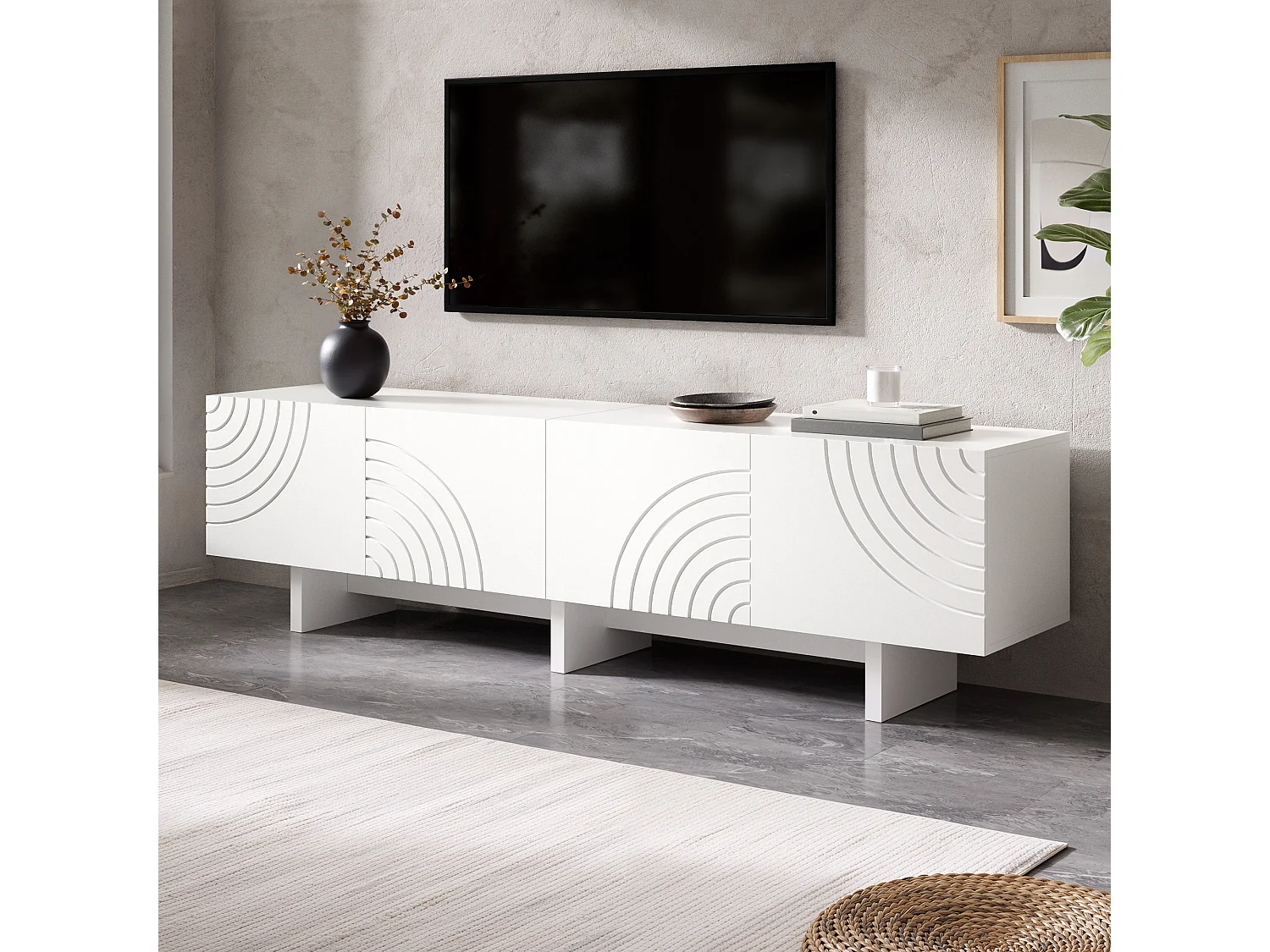 Meuble TV moderne 170x35x50 cm - Avec 4 portes - Motif arqué et design en relief - MDF + panneaux de particules - Blanc