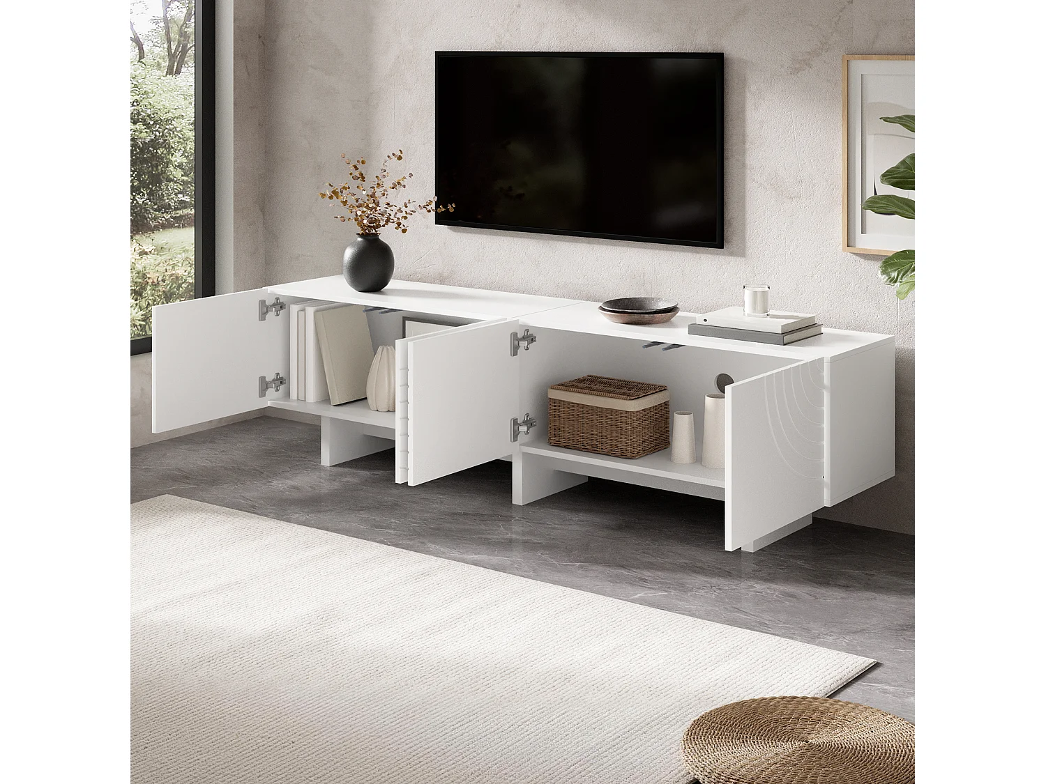 Meuble TV moderne 170x35x50 cm - Avec 4 portes - Motif arqué et design en relief - MDF + panneaux de particules - Blanc