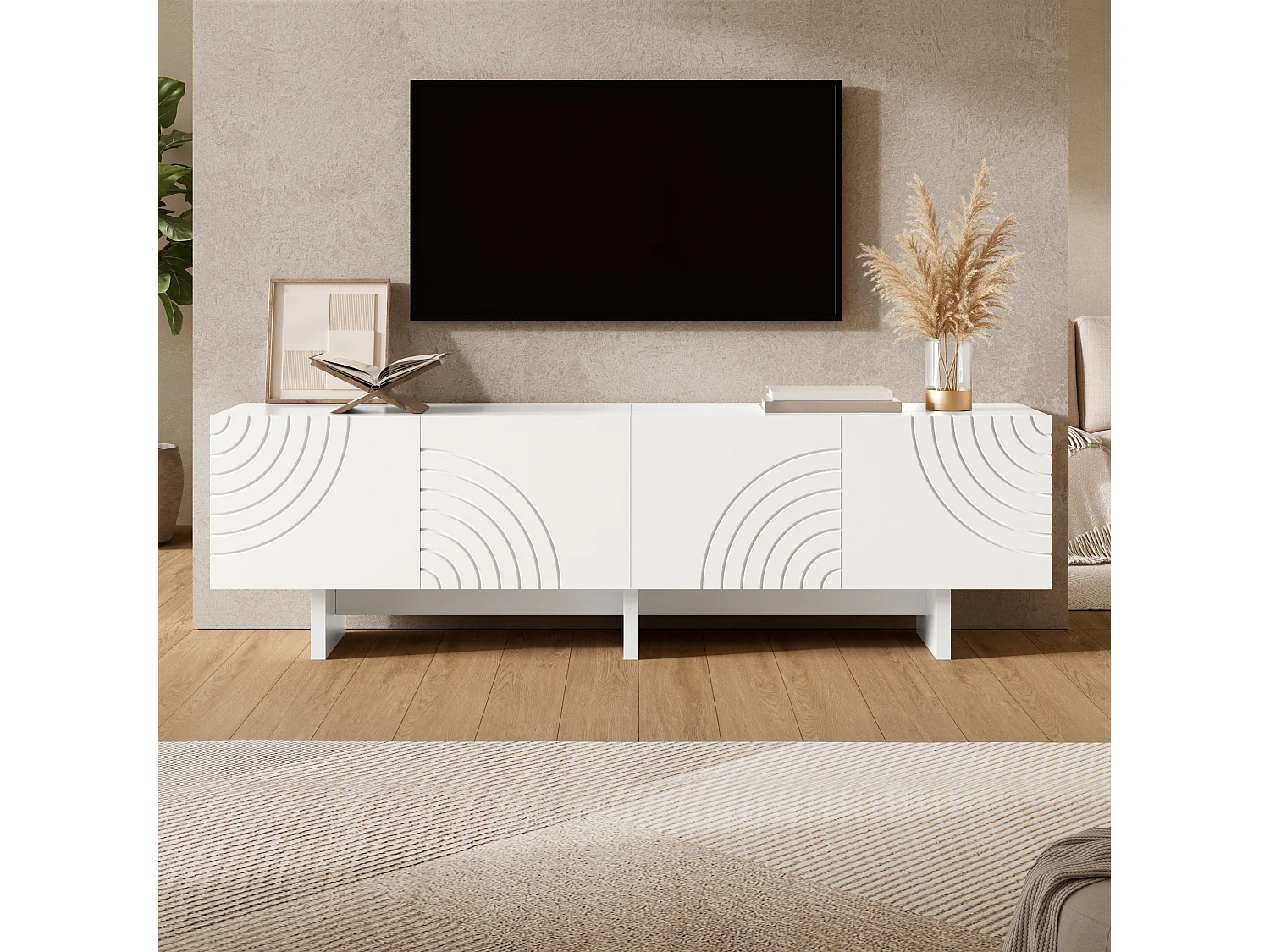Meuble TV moderne 170x35x50 cm - Avec 4 portes - Motif arqué et design en relief - MDF + panneaux de particules - Blanc