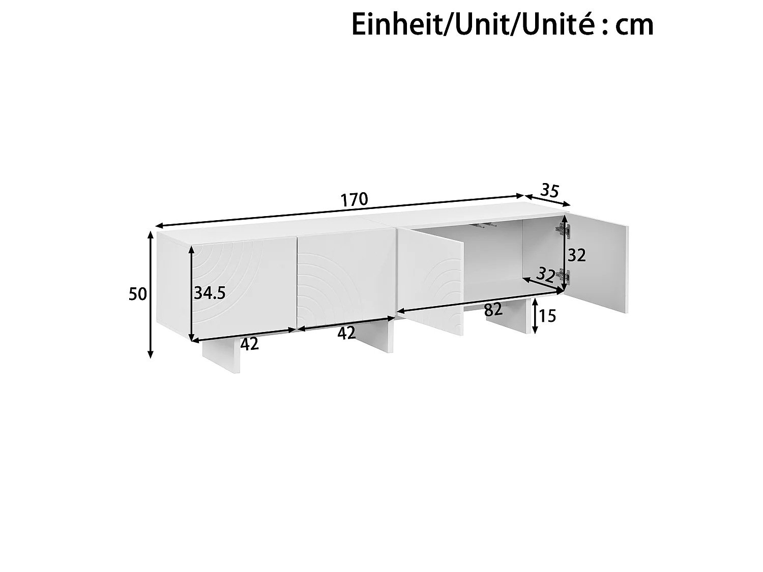 Meuble TV moderne 170x35x50 cm - Avec 4 portes - Motif arqué et design en relief - MDF + panneaux de particules - Blanc