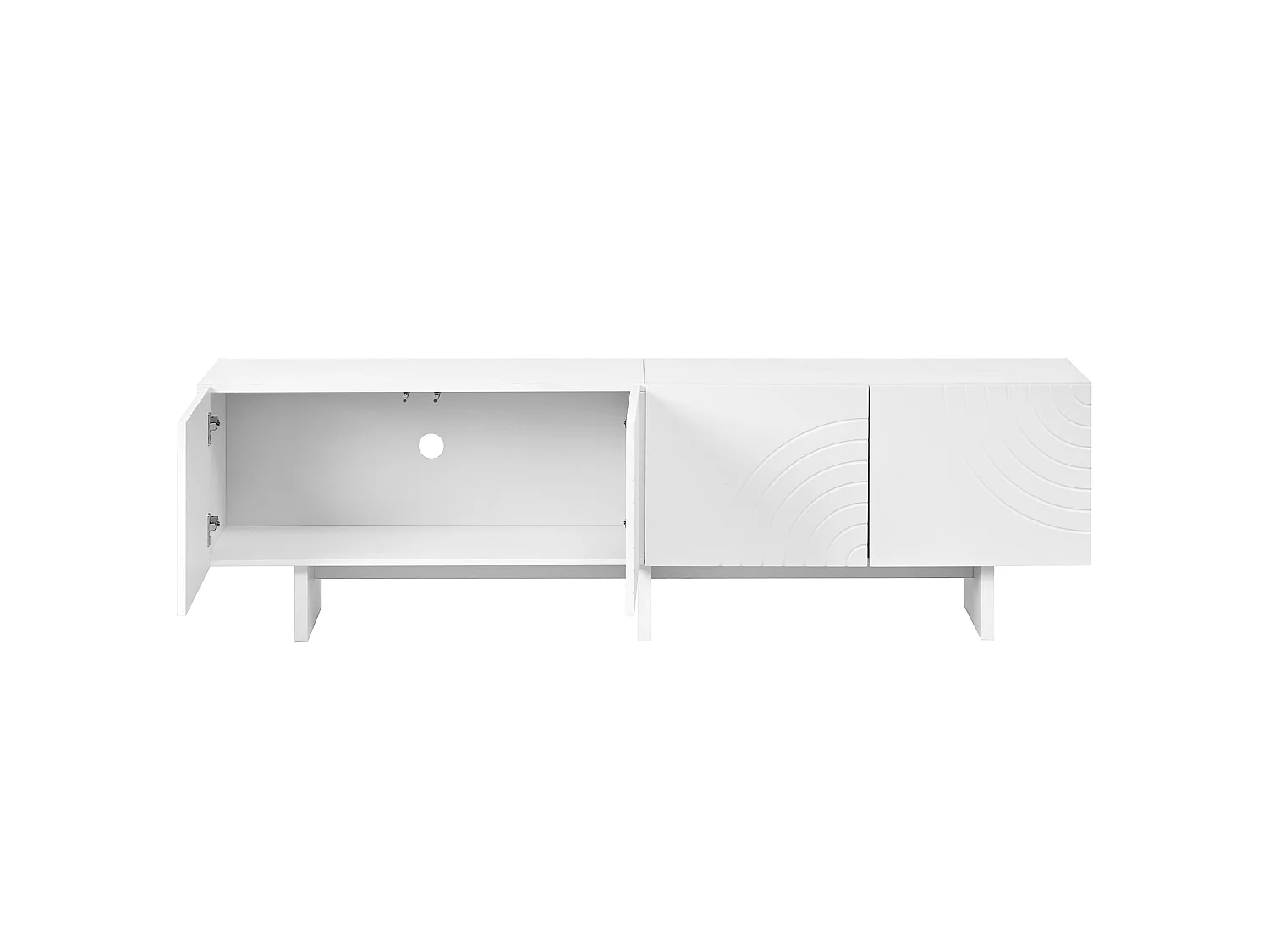 Meuble TV moderne 170x35x50 cm - Avec 4 portes - Motif arqué et design en relief - MDF + panneaux de particules - Blanc