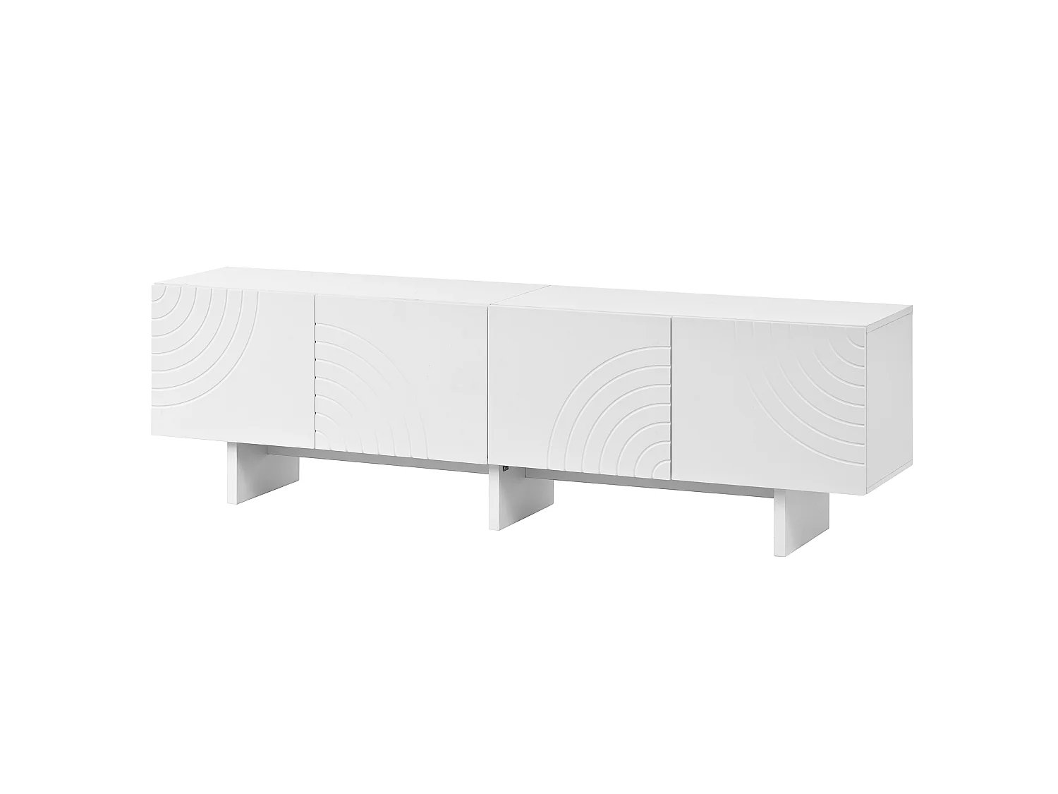 Meuble TV moderne 170x35x50 cm - Avec 4 portes - Motif arqué et design en relief - MDF + panneaux de particules - Blanc