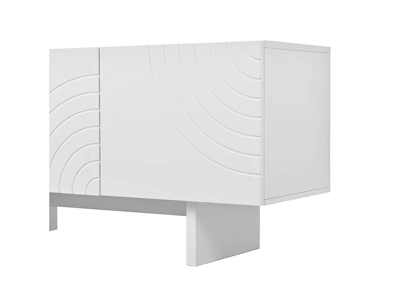 Meuble TV moderne 170x35x50 cm - Avec 4 portes - Motif arqué et design en relief - MDF + panneaux de particules - Blanc