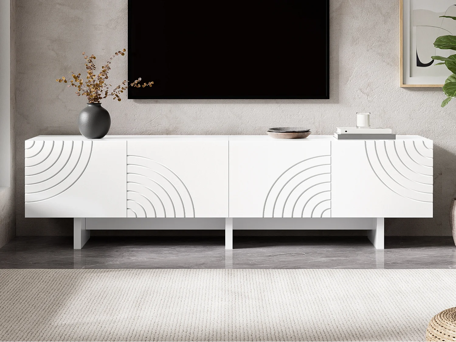 Meuble TV moderne 170x35x50 cm - Avec 4 portes - Motif arqué et design en relief - MDF + panneaux de particules - Blanc